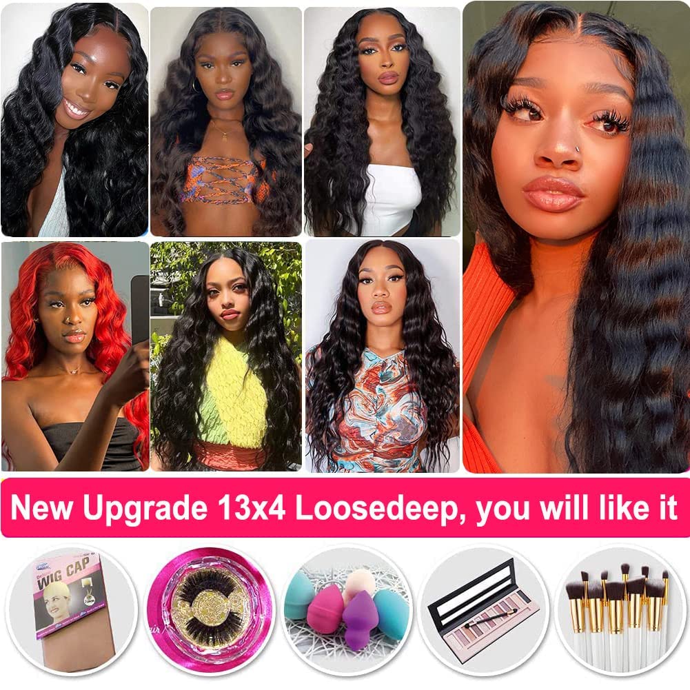 JIETAI 13x4 Loose Deep Wave Curly Lace Front Wig Pre Plucked with Baby Hair 180% Density Curly Human Hair Wigs 10A Wigs for Black Women Glueless Wig (28inch, Natural Color)