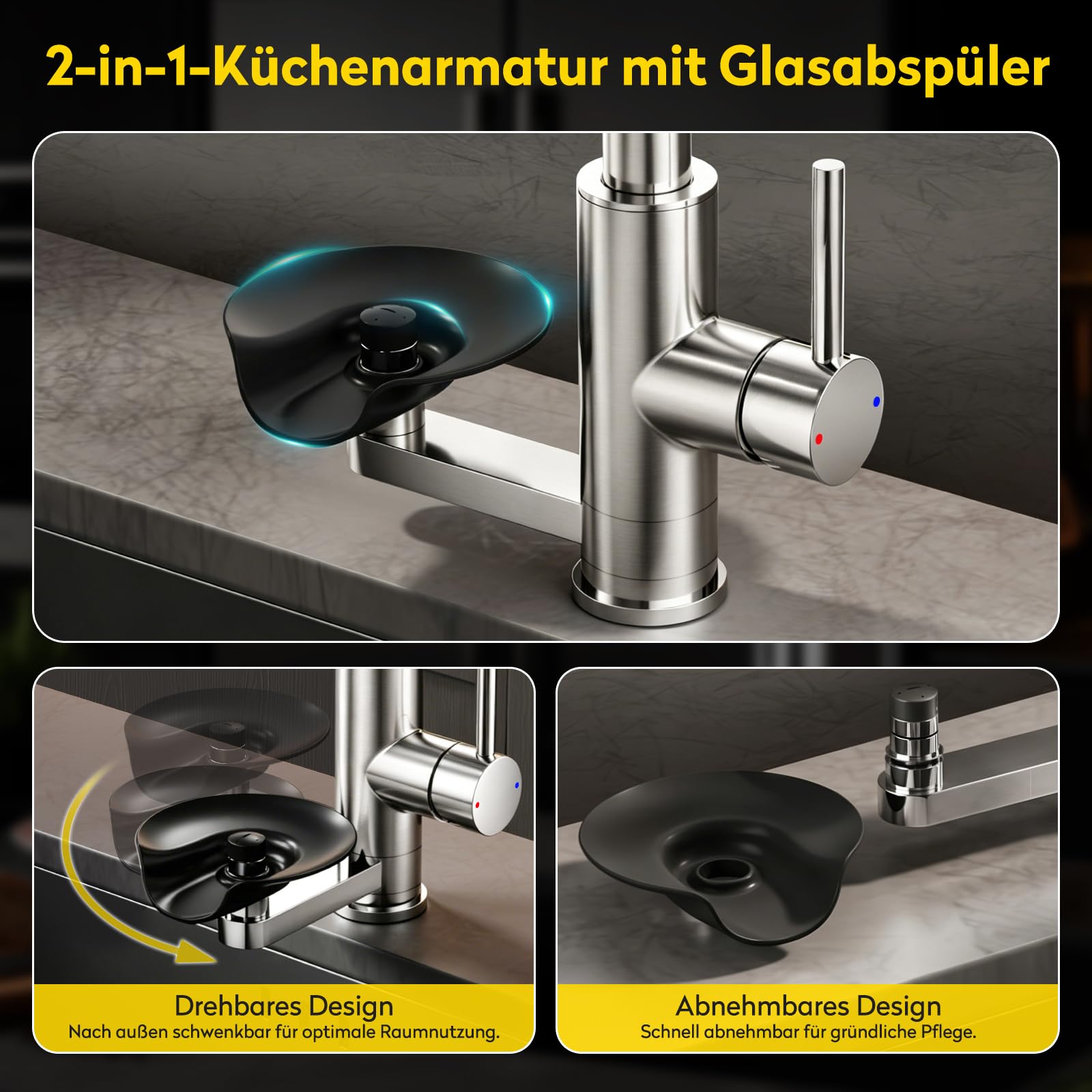 JONKEAN Hochdruck Küchenarmatur mit Brause und Glasspüler | Einhebelmischer mit 4 Strahlarten, Waterfall Spültischarmatur, 360°-Drehung Mischbatterie, 304 Edelstahl, für Bar und Küche