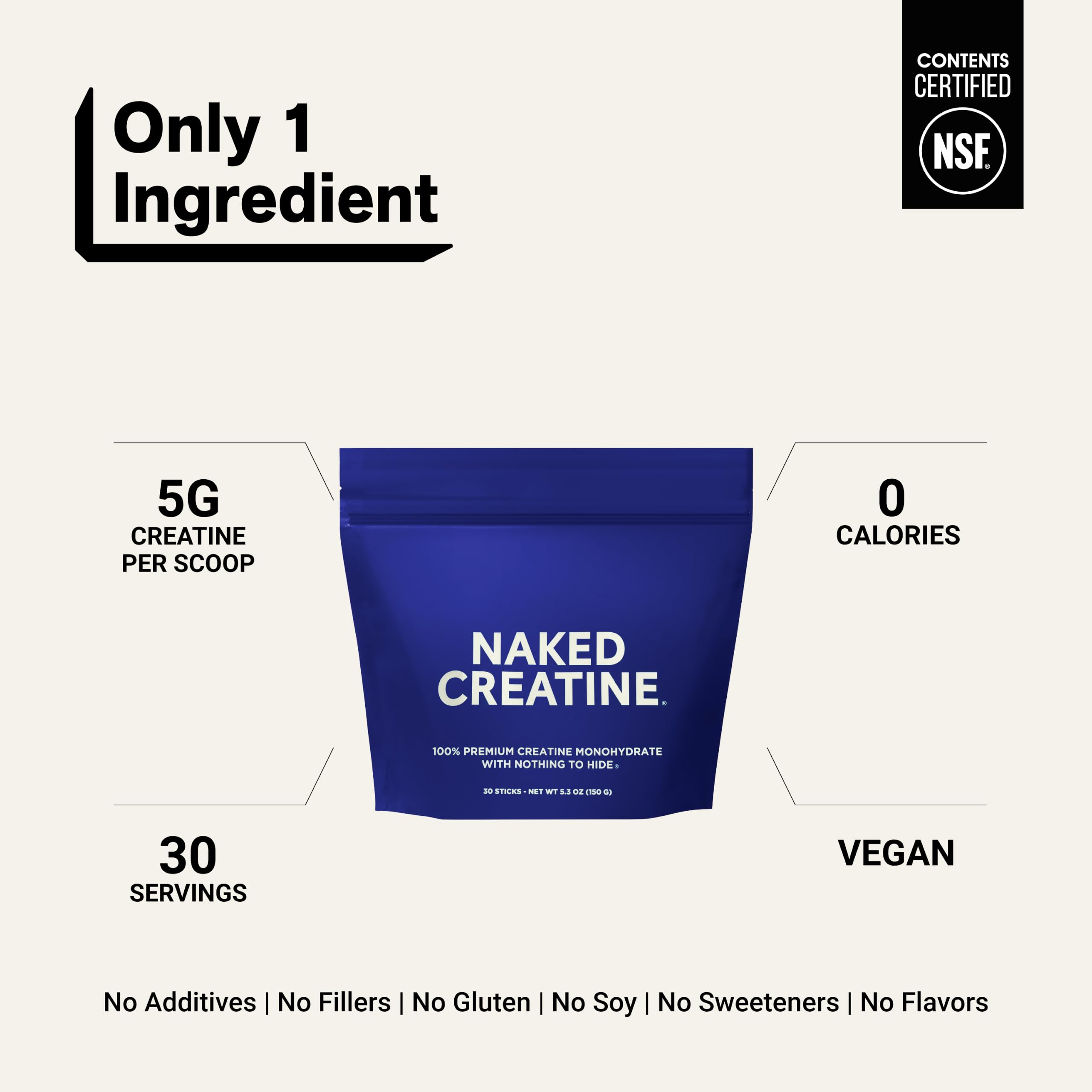 NAKED Creatine Stick Packs - Unflavored Micronized Creatine, NSF Certified,Vegan, Non-GMO, Gluten-Free, Soy-Free, No Fillers, Supports Muscle Growth & Strength - 30 Servings — Amazon image 3