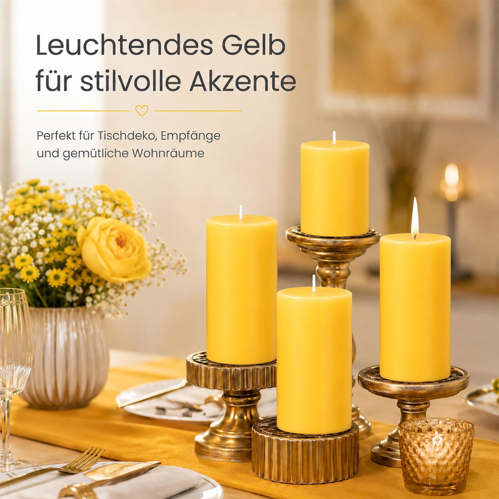 4 Stück Stumpenkerzen, gelbe Kerzen 5x10cm für Zuhause & Dekoration
