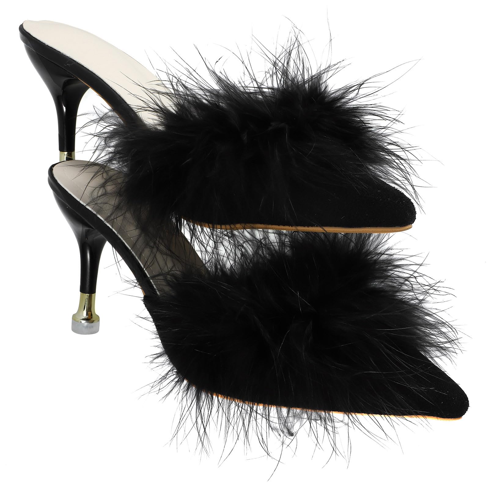 TOYANDONA Pantofole Donna Tacco Sottile Nero, Design Elegante in Pu e Piuma Morbida, Punta Affilata, Estive, per Renderti Alta alla Moda