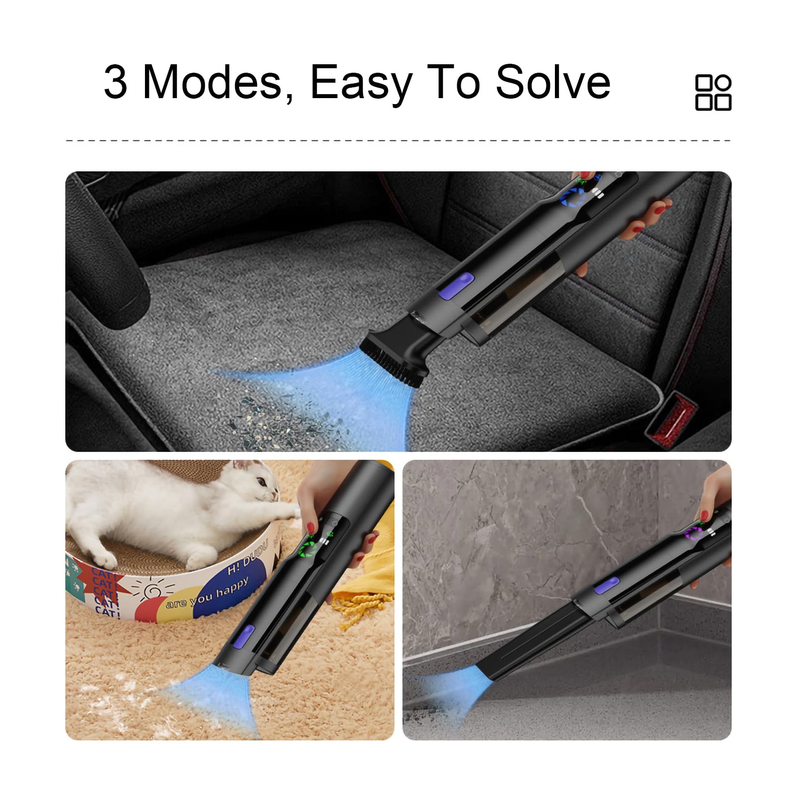 Aspiradora para Coche con Potente succión de 17000 Pa, Modo de luz Verde, 2500 mAh*3, 2 en 1 con boquillas de inflado, autonomía de 40 Minutos, para Coche y hogar,Black
