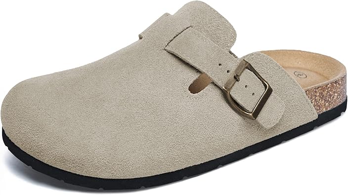 Xiakolaka Womens Suede Leather Clogs Adjustable Buckle Slip on Footbed Home Clog Beige Slippers for Comfort Casual Daily Wear Size 7