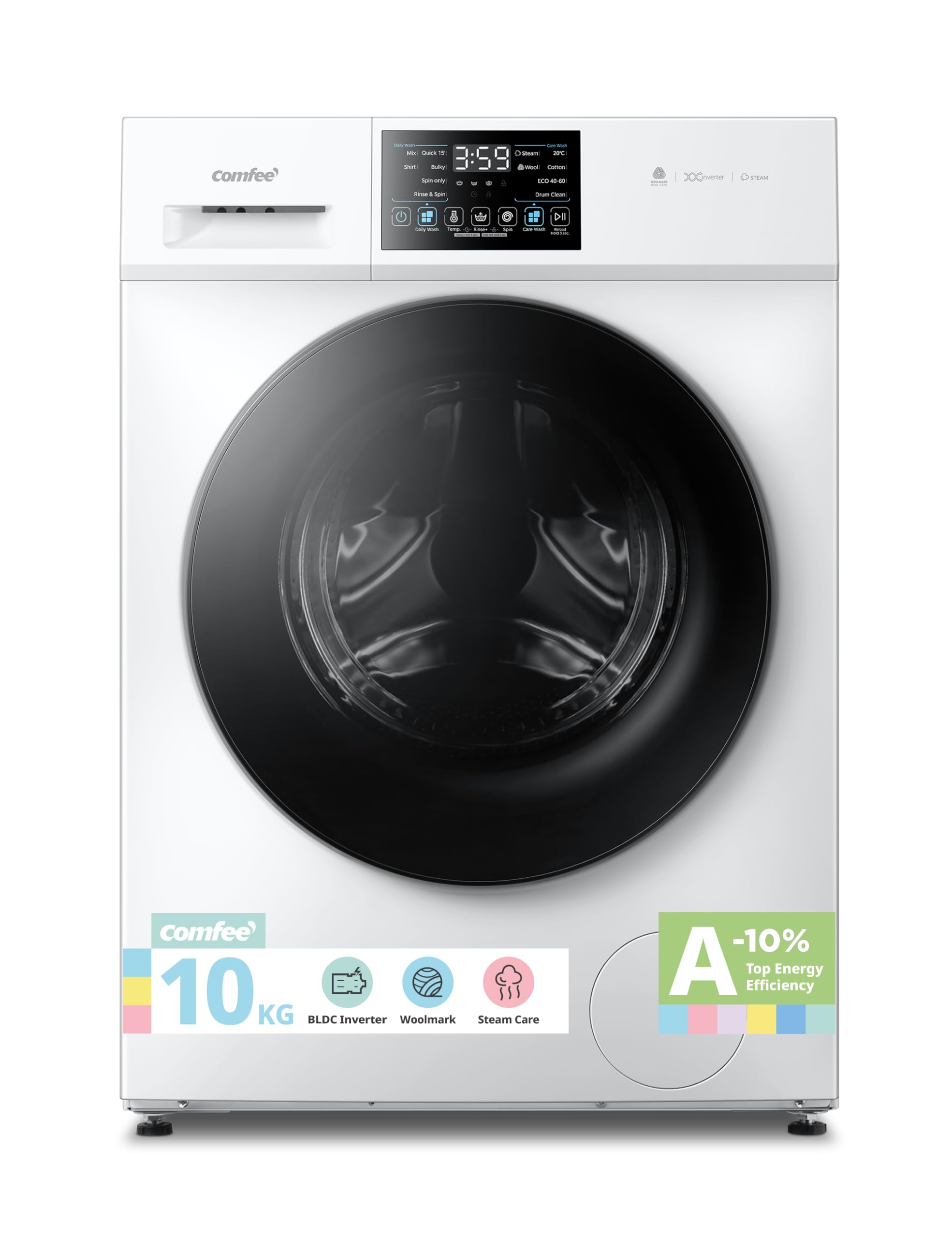 COMFEE' Freestanding Washing Machine,10KG Load,A-10% Class, 1400RPM, Steam Care,BLDC Motor,Woolmark,Touch Panel,White-CFP03EW100W-UK - 2