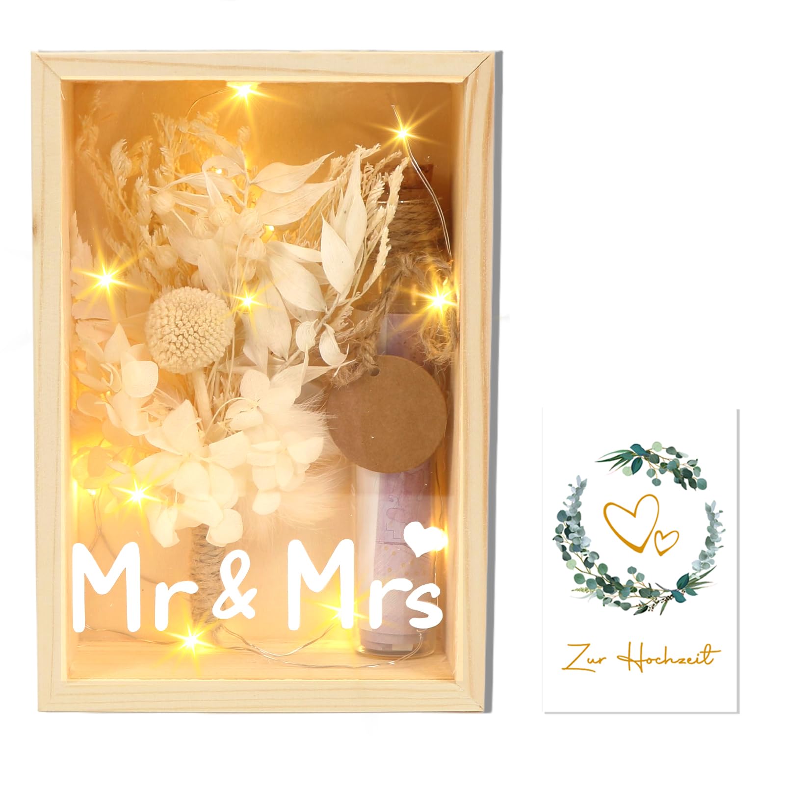 Money Gift Wedding, Mr & Mrs Wedding Gift for Newlyweds, Gift Wedding Money for Newlyweds, Money Gifts with Dried Flowers, Wooden Box, Test Tube, Engagement, Wedding Anniversary, Wedding Gift