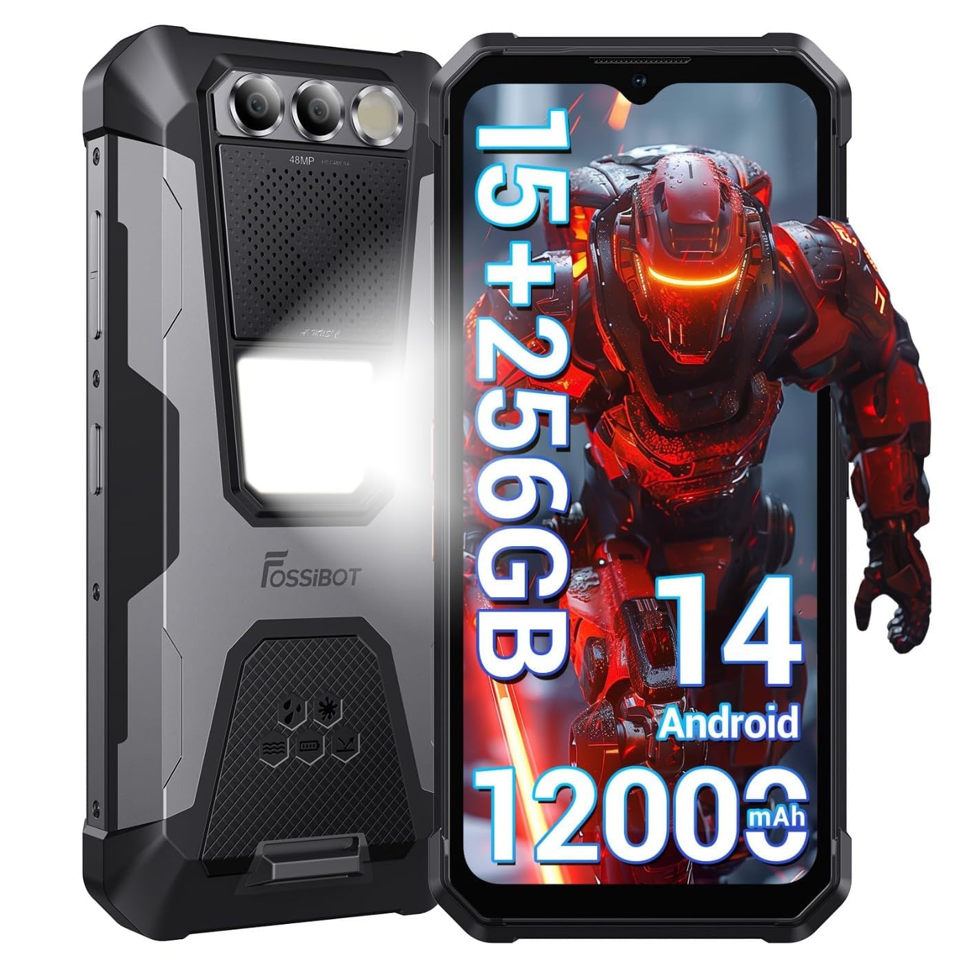 FOSSIBOT F106 Pro Rugged Smartphone Unlocked, 15+256GB Storage 12000mAh Battery 6.58” FHD+ Screen 48MP+20MP+16MP Camera Android 14 110db Big Speaker 512LM Camp Light IP68/IP69K 4G Dual SIM NFC OTG