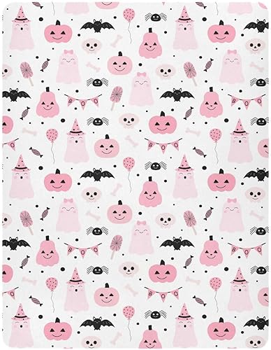 Miniatura 8 de Aslsiy Sábana bajera ajustable para cuna de Halloween con diseño de calabaza rosa para bebé, lindos fantasmas, para guardería, para niños y niñas,