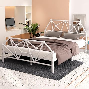 High Tail Iron Bed Frame Queen/King Size, Metal Platform Bed with Geometric Headboard, Reinforced Slat Support, Noise-Free Sturdy Frame for AdultsWhite,150x200cm