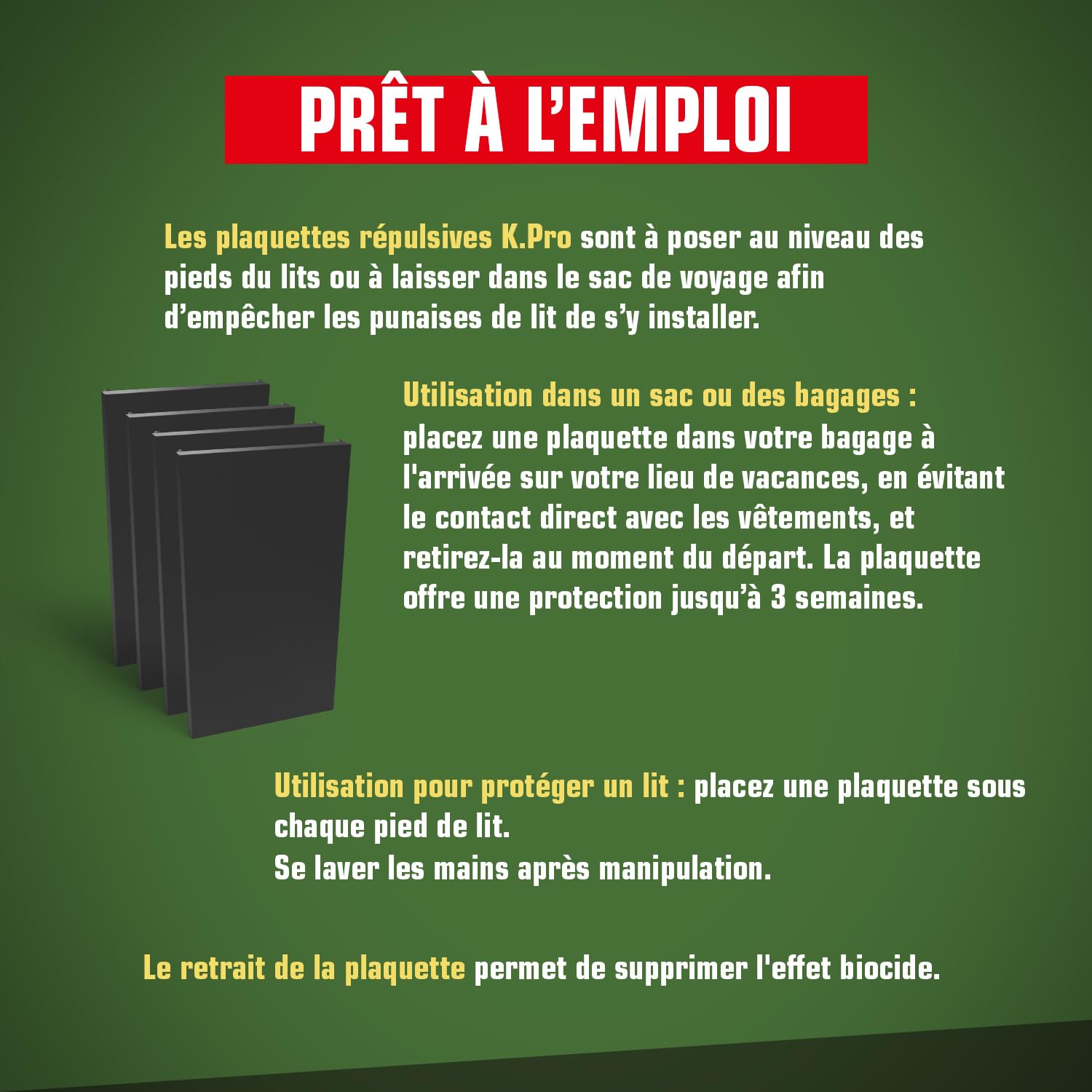 K.PRO Plaquettes répulsives punaises de lit, 4 plaquettes, protège bagages et lits, jusqu'à 3 semaines de protection, 1 plaquette = 1 bagage, intérieur