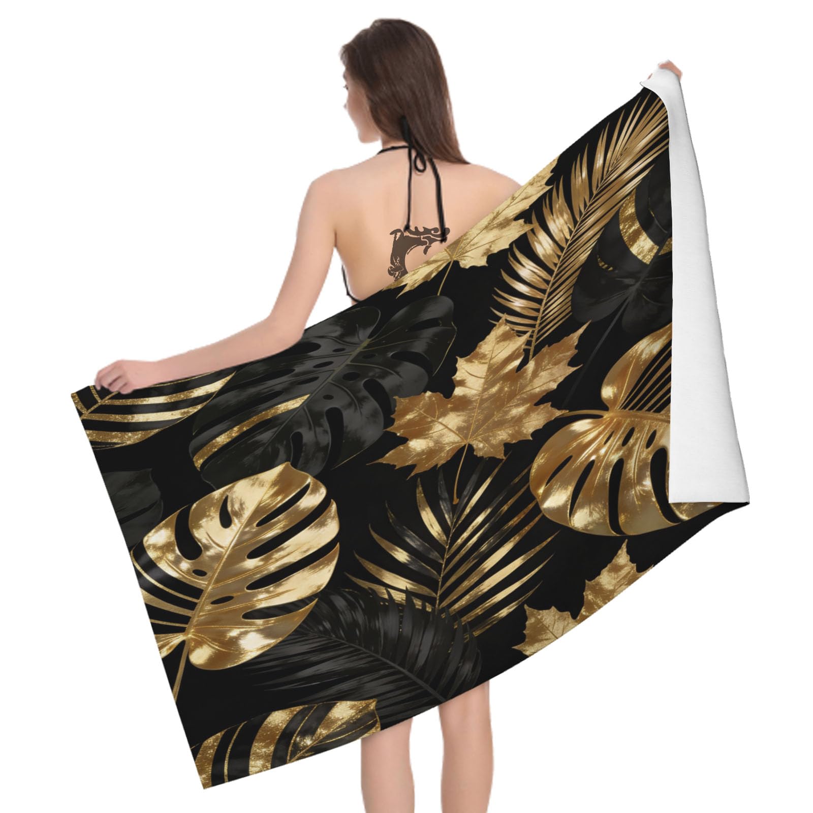 Leichong 3D Golden Monstera Beach Towel Large Microfiber Soft Quick Dry for Adults, Simple Themed Bath Towel Lightweight Soft Absorbent for Travel Swimming Pool Sports, 180 x 90 cm