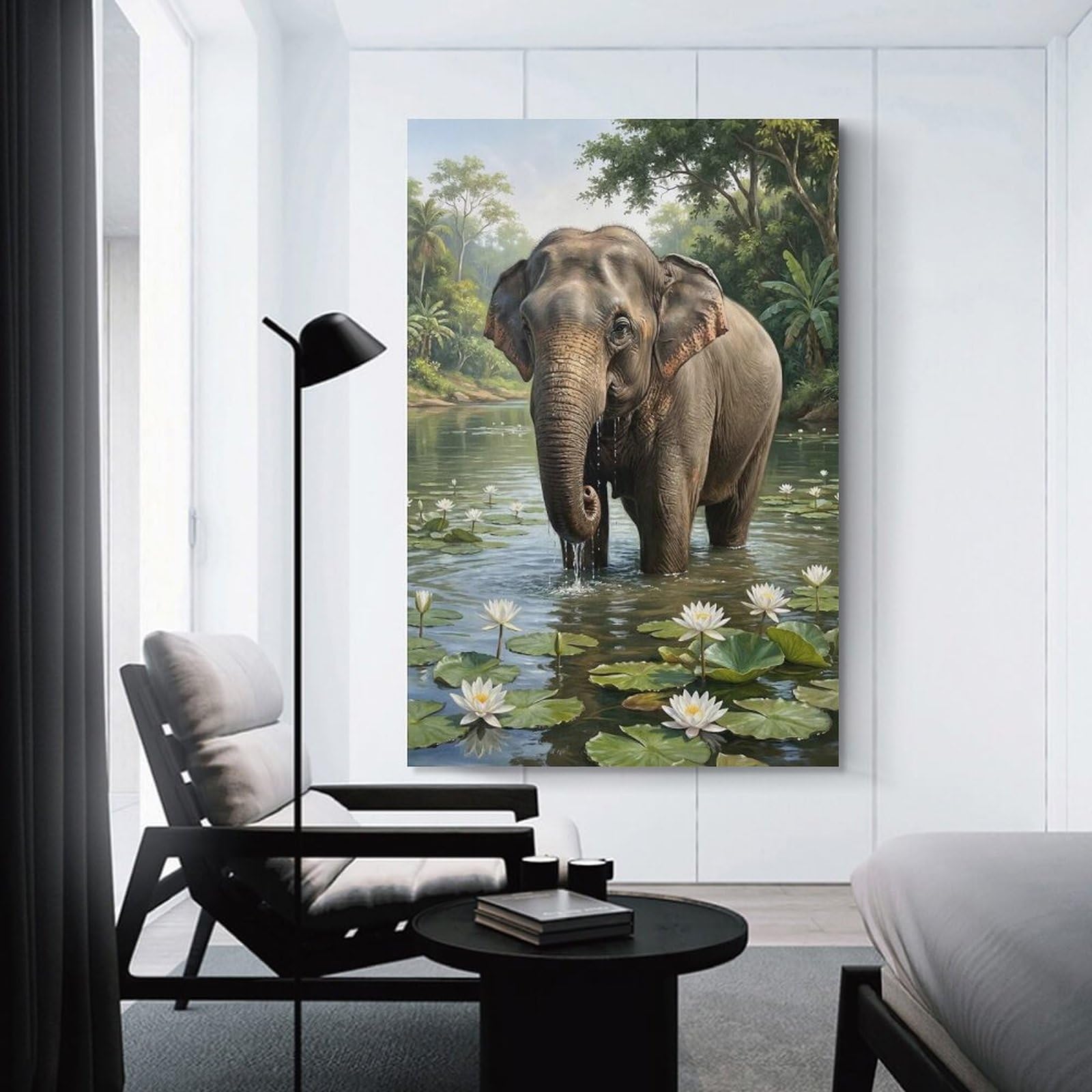 Junmoney Elephant in Water with Lily Pads Decorative Wall Artwork, 20x30inch(50x75cm), for New Homes, Bedrooms Or Workspaces, Gift Idea for Housewarming And Birthdays