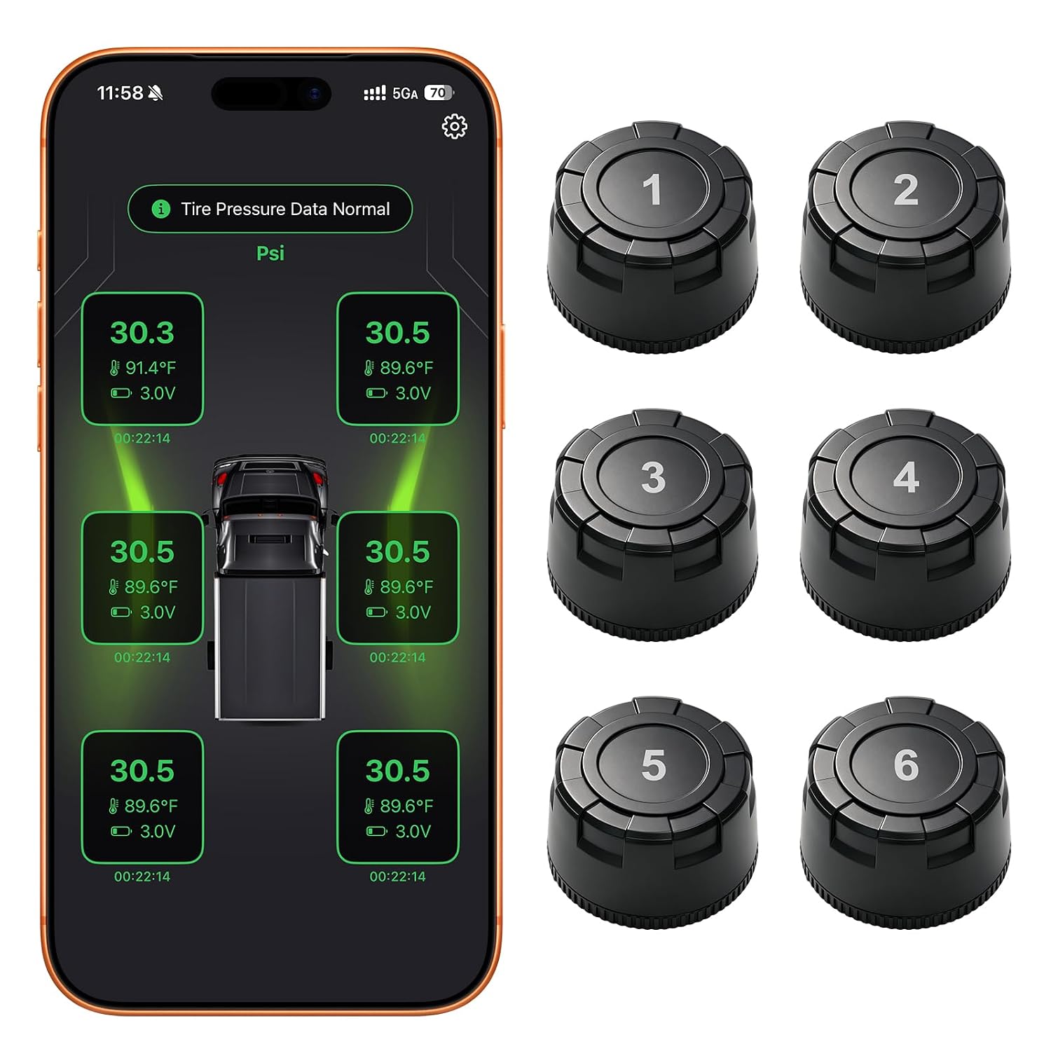 Bluetooth Tire Pressure Monitoring System with 6 External Sensors