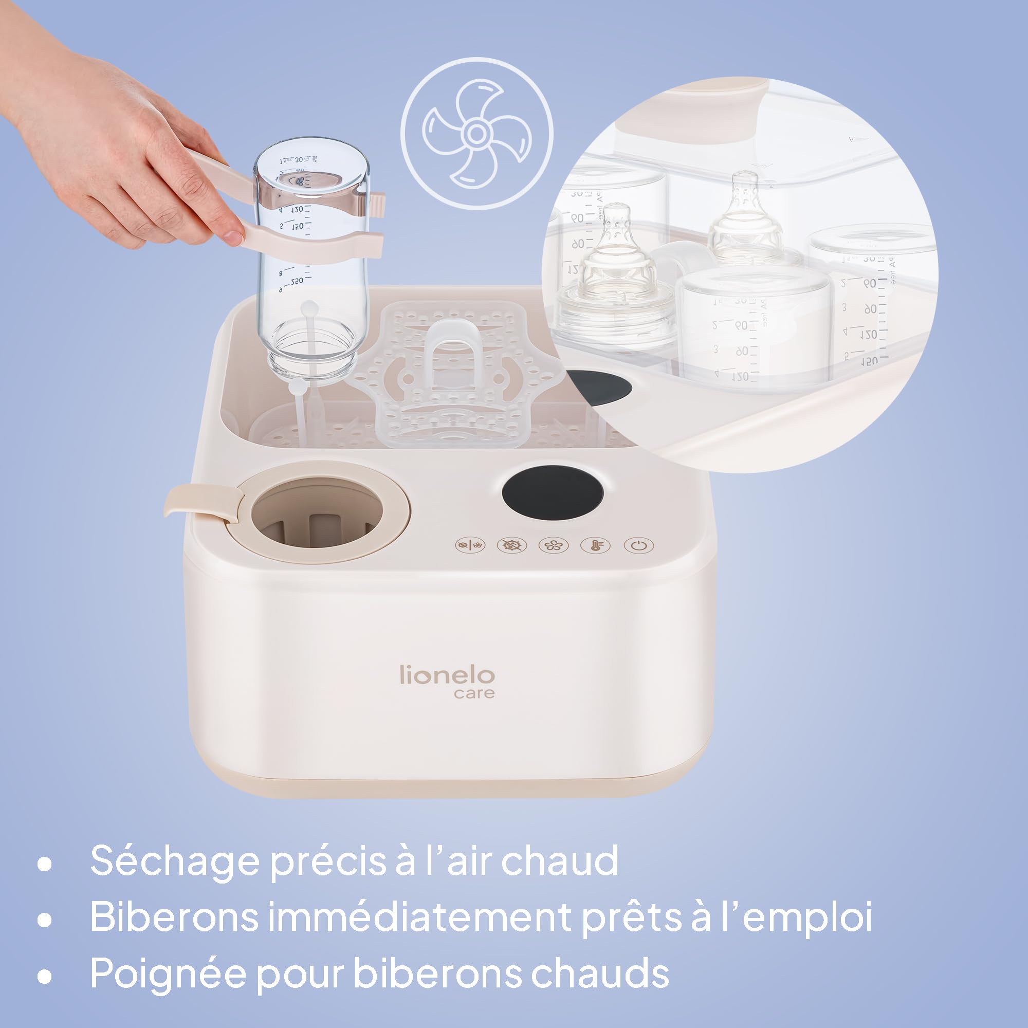 Lionelo Steamup Stérilisateur Biberon 3 en 1, Séchage et Chauffe-Biberon | Jusqu’à 4 biberons, stérilisation vapeur à 100°C, élimine 99,99 % des bactéries, écran tactile et arrêt automatique
