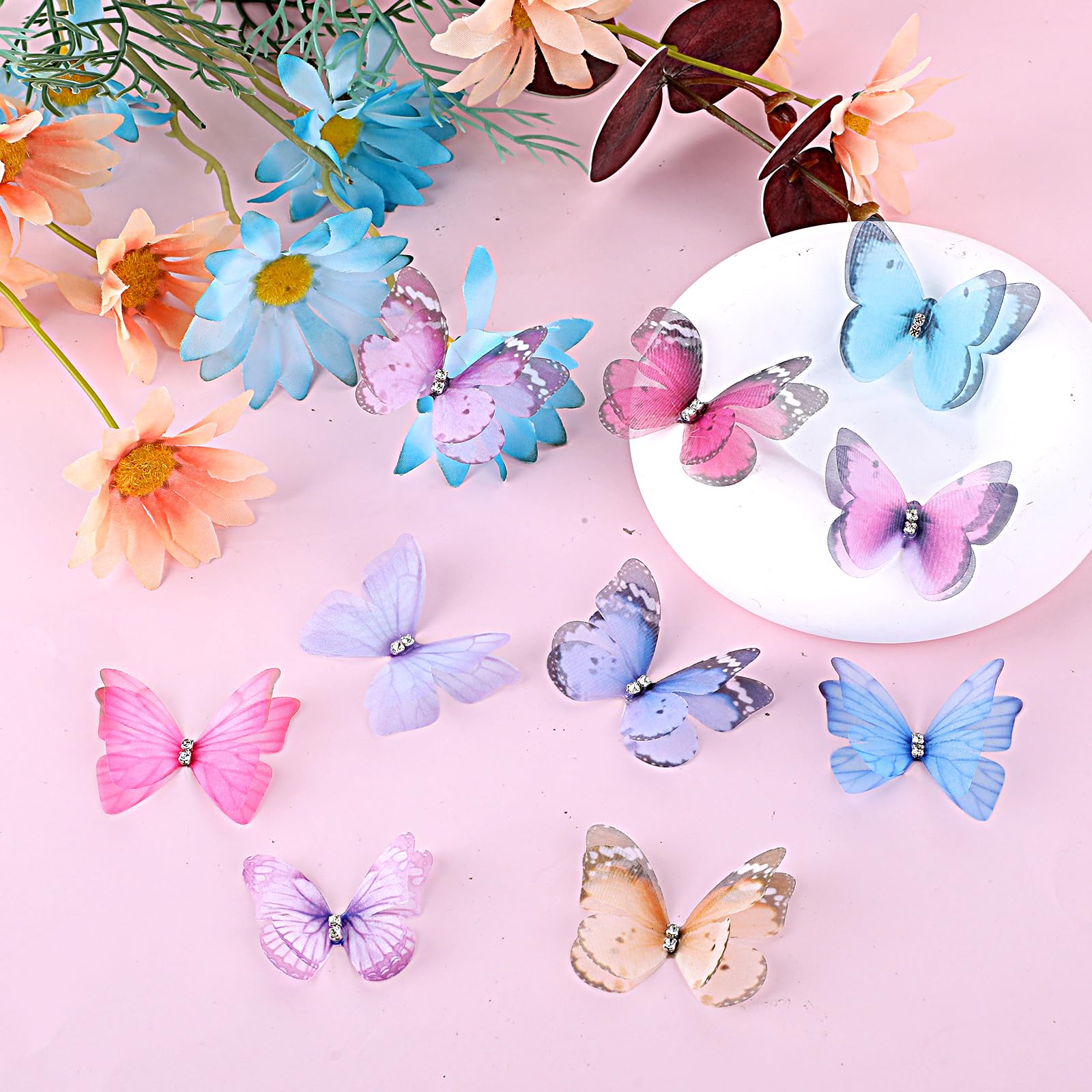 Farfalle 3D, 60 pezzi, tessuto in organza, in chiffon traslucido, farfalle decorative per decorazioni fai da te, scrapbooking, bagagli, fermaglio per capelli da parete e finestra