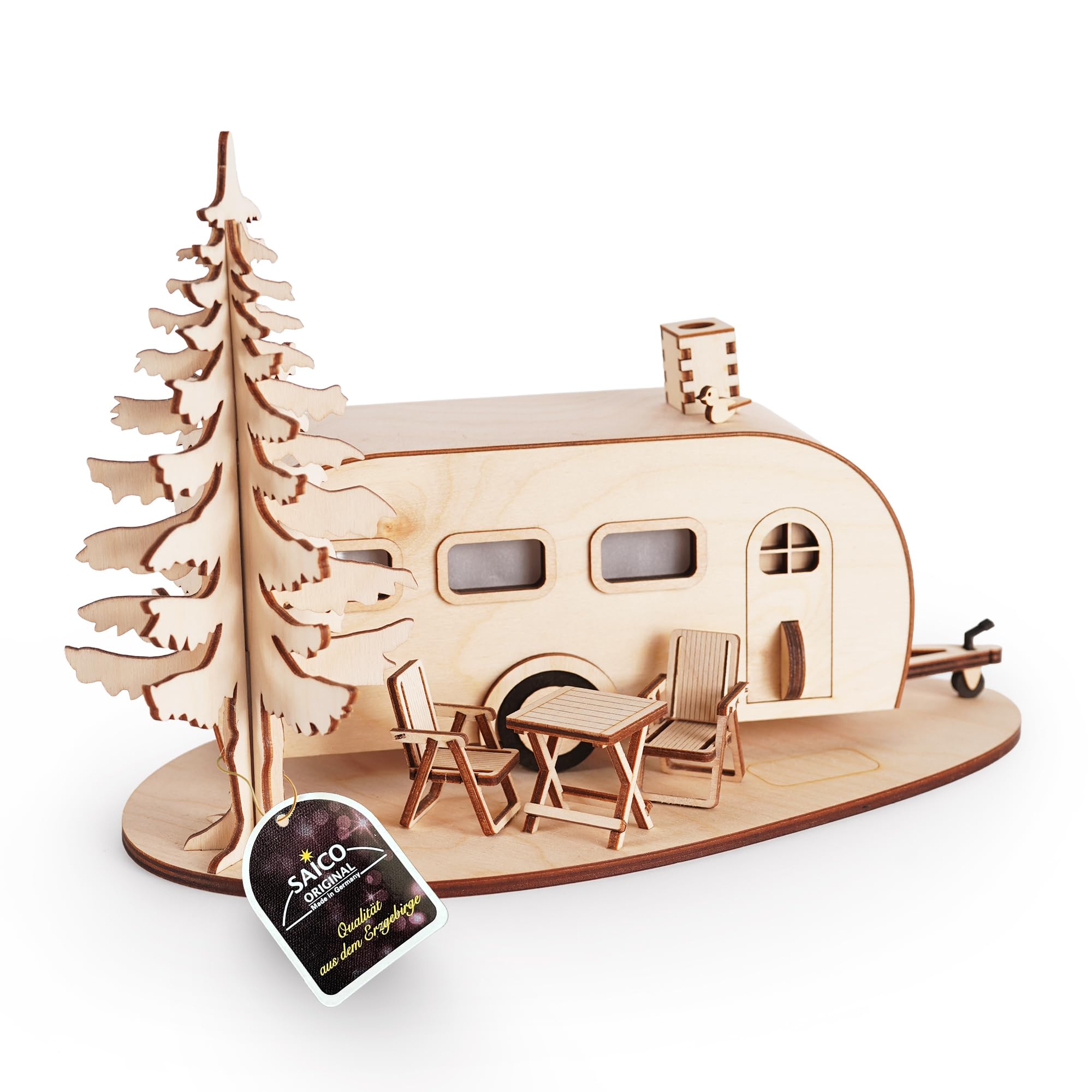 Saico - Räucherwohnwagen groß Einachser - Räucherhaus Erzgebirge mit LED-Beleuchtung, Räucherkerzenhalter mit LED-Teelicht, Geschenkidee, Holzkunst Erzgebirge - 28 x 18 x 16 cm - Made in Germany