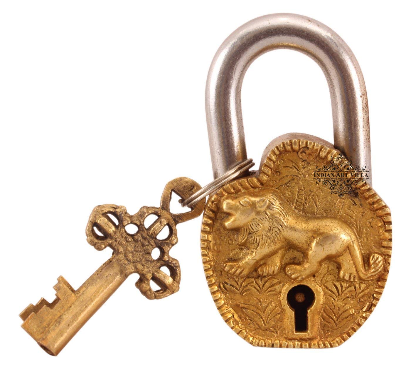 Indian Art Villa Handmade Old Vintage Style Antique Lion Design Brass Security Lock with 2 Keys|Home Temple Office-image-39