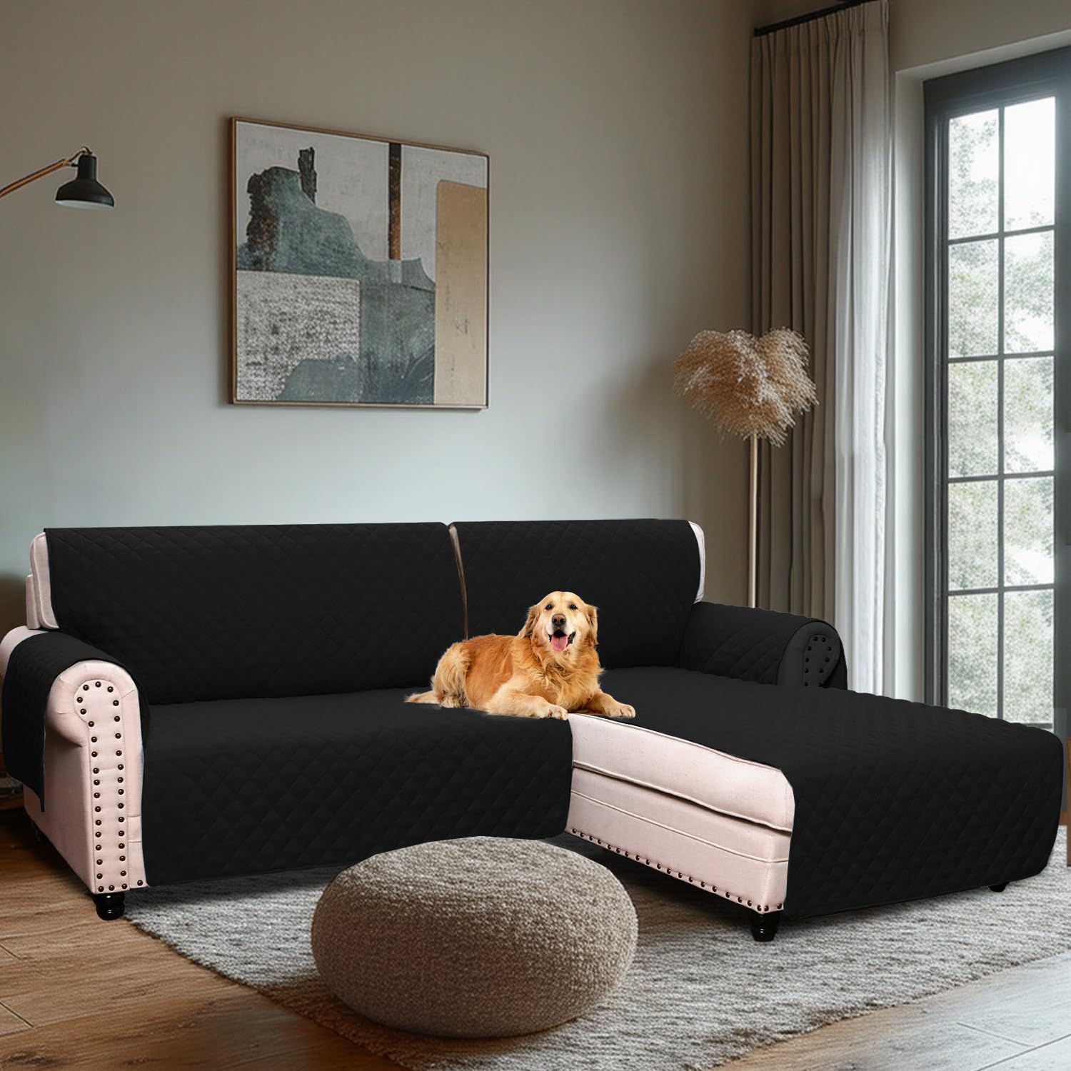 H.Versailtex Water Resistant Sofa Covers for Sectional Sofa 2-Piece Non Slip Corner Sofa Cover Sectional Couch Cover L Shaped for Dogs (Right Chaise Lounge Cover + 2 Seat Sofa Cover, Black)