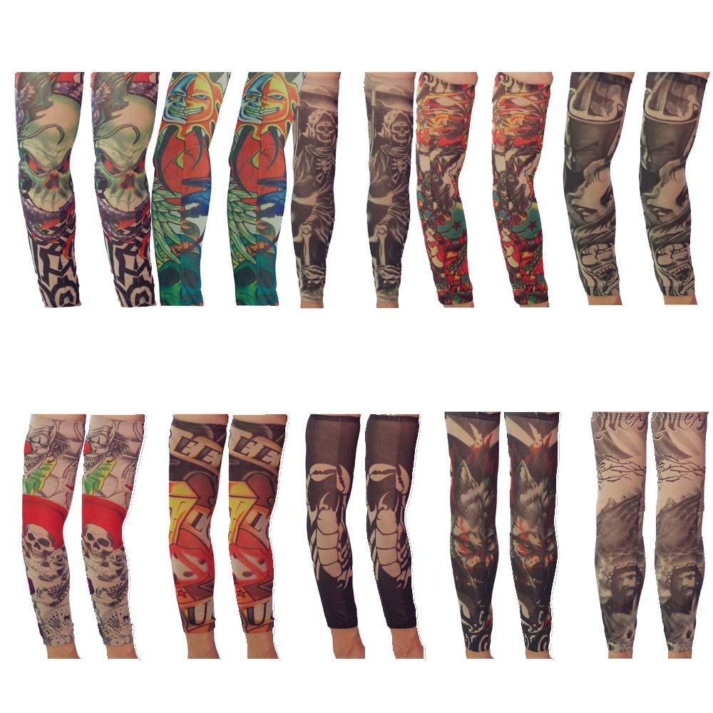 Assorted Arm Warmers Tattoo Sleeves Multicolour Pack of 10 for Men and Women