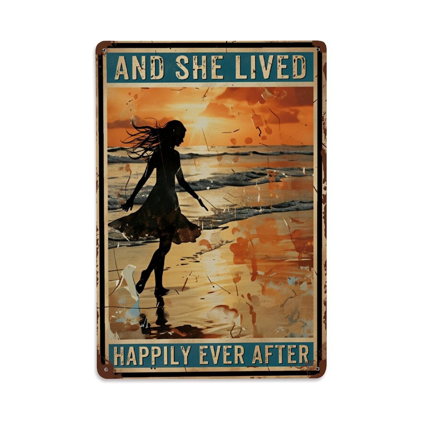 Jdfenggu Vintage Silhouette Woman Sunset Beach Walk Retro Metal Tin Sign, Decor Art Poster For Bar, Home, Man Cave, Kitchen, Laundry Room Gift 8X12inch