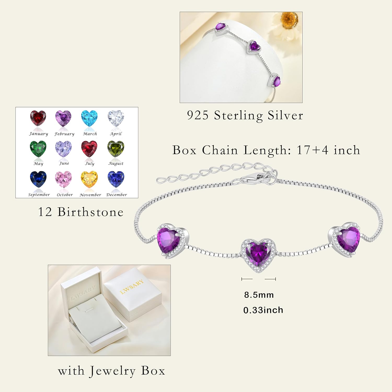 Love Heart Bracelet 925 Sterling Silver Halo Heart Birthstone Bracelet Jewelry Gifts for Women - Image 6