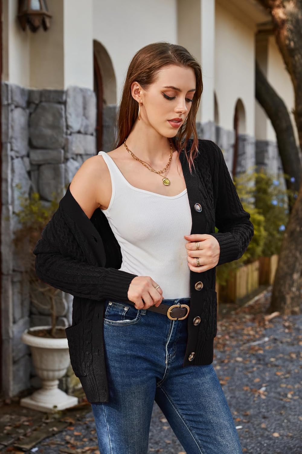 Womens Cardigan Sweaters Cable Knit Sweater 2025 Fall Winter Chunky Open Front Button Down Coats with Pockets - Image 6