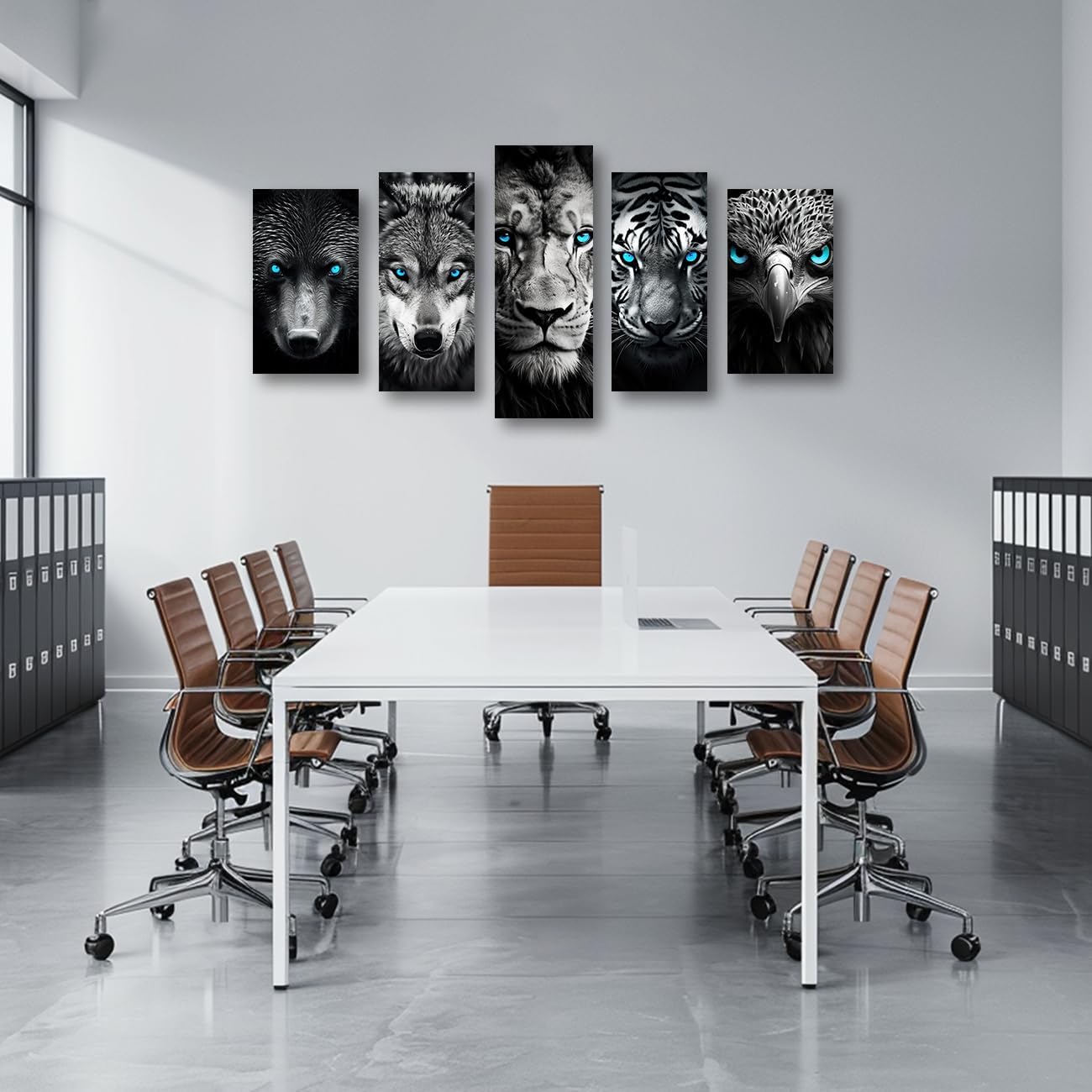 DOARTDO Black and White Animal Canvas Wall Art 5 Pieces Blue Eyes Eagle Bear Tiger Wolf Lion Pictures Animal Painting Artwork Living Room Kids Room Decor Frame (8x14inx2 8x18inx2 8x22inx1)