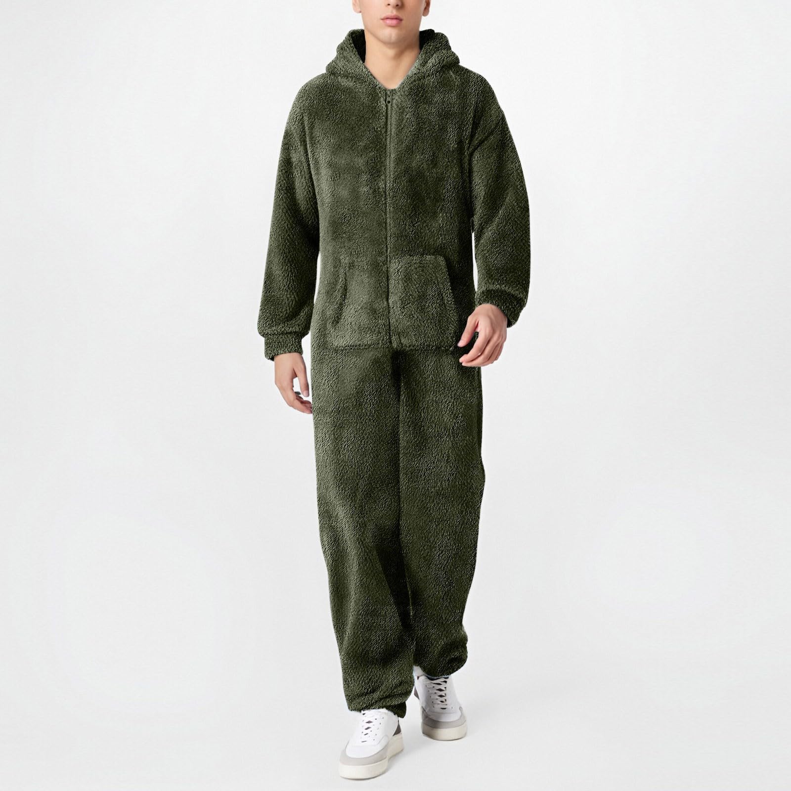 Fleece-Overall für Herren, Einteiler, flauschig und weich, Jumpsuit, kuschelig und warm, langärmlig, mit Kapuze, für Herbst und Winter