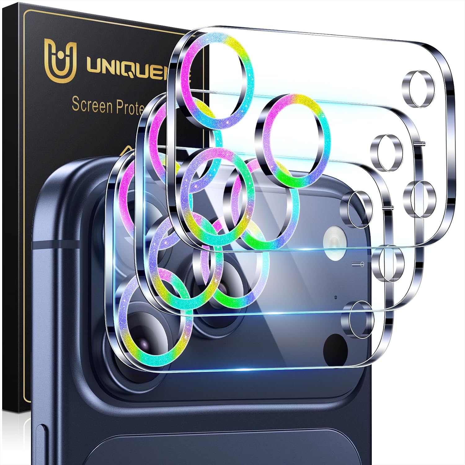 UniqueMe for 3 Pack iPhone 17 Pro Max Camera Lens Protector - [Drop Protection] [Case Friendly] 9H Tempered Glass Camera Cover Screen [Update New Version] - Glitter Colorful