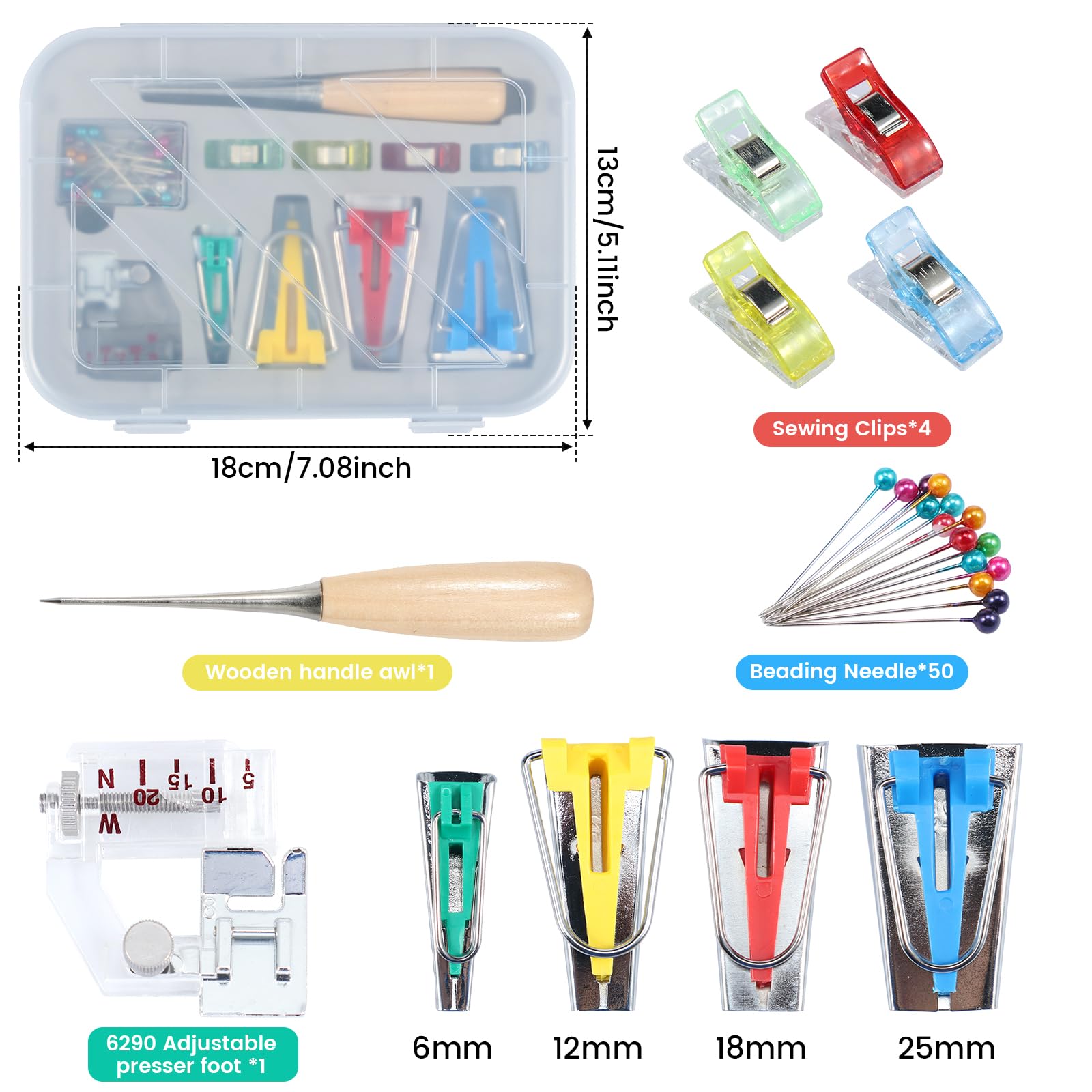 LZVXTYM Bias Tape Maker Kit, 4 Sizes, Multicolour, Plastic Metal, for Quilting & Sewing