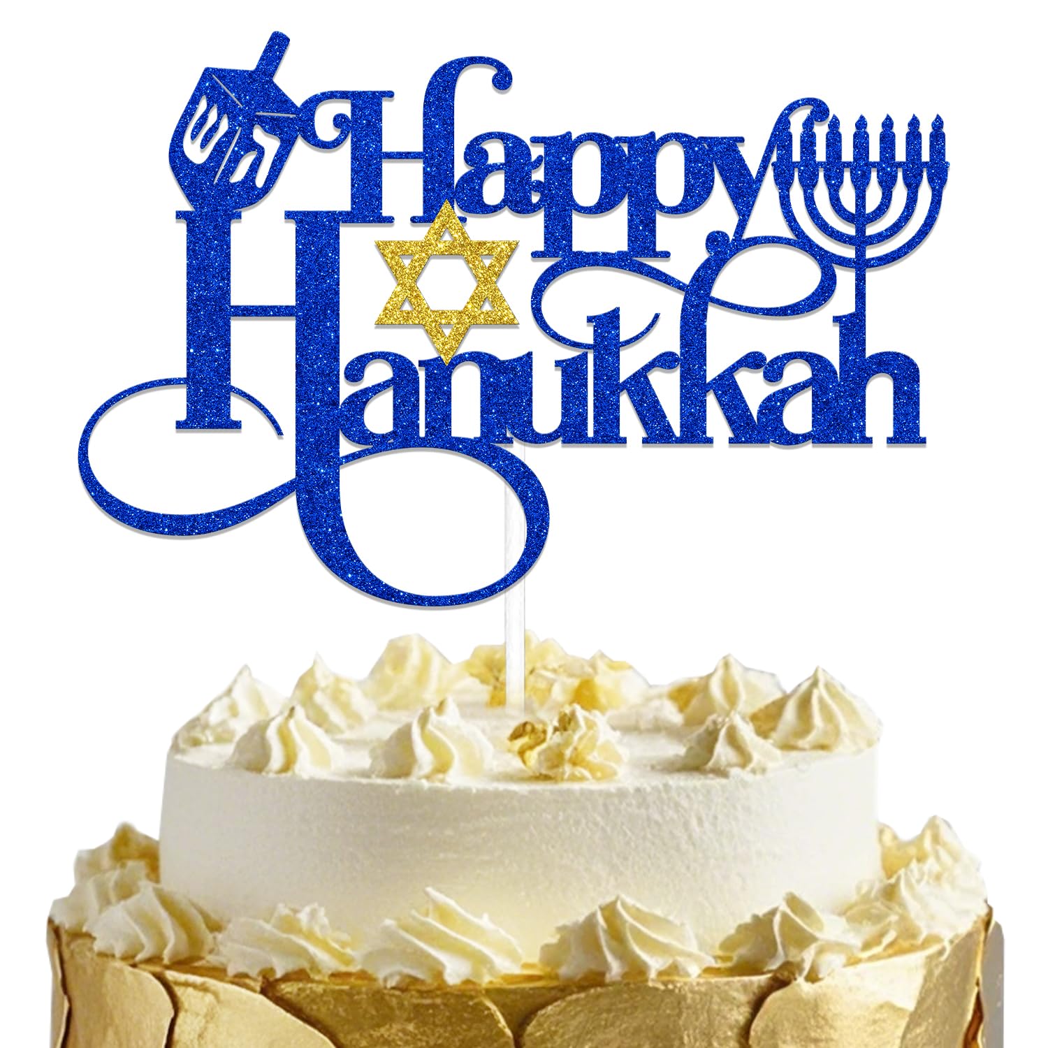 Happy Hanukkah Cake Topper Hanukkah Decoration Celebrate Jewish Festival Party Decoration Blue Gold Glitter