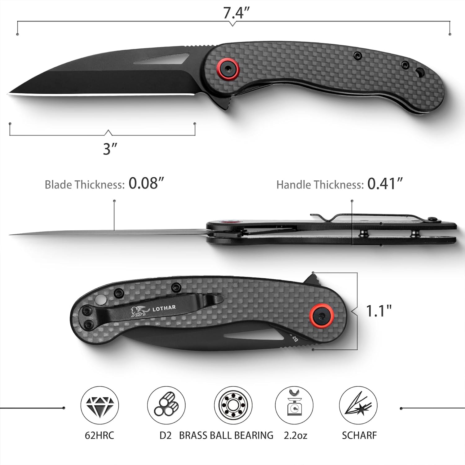 LOTHAR Petrel EDC Pocket Knife, Carbon Fiber Handle and 3" D2 Knife Blade, Ultra Light 2.2oz, Slim Pocket Knife, Small Folding Utility Knife Mini Box Cutter for Men Women