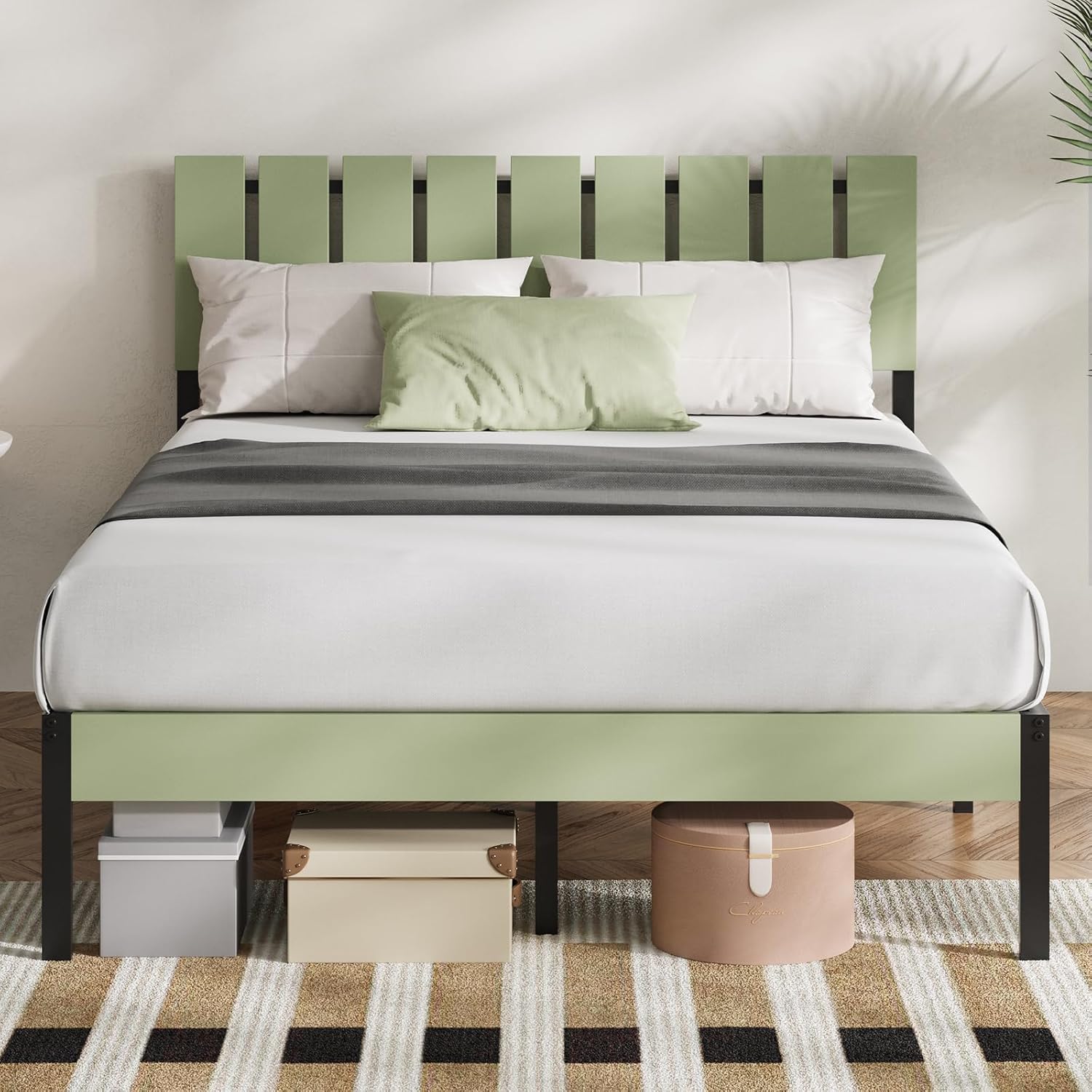 Novilla Full Size Bed Frame with Modern Wooden Slatted Headboard, Easy Assembly, Heavy Duty Metal Platform, Noise-Free, Under-Bed Storage, No Box Spring Needed