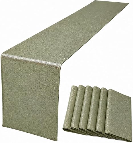 Tomeurperf 6 Pack Sage Green Table Runners, 12×108 Inch Silver Foil Stamped Tabl