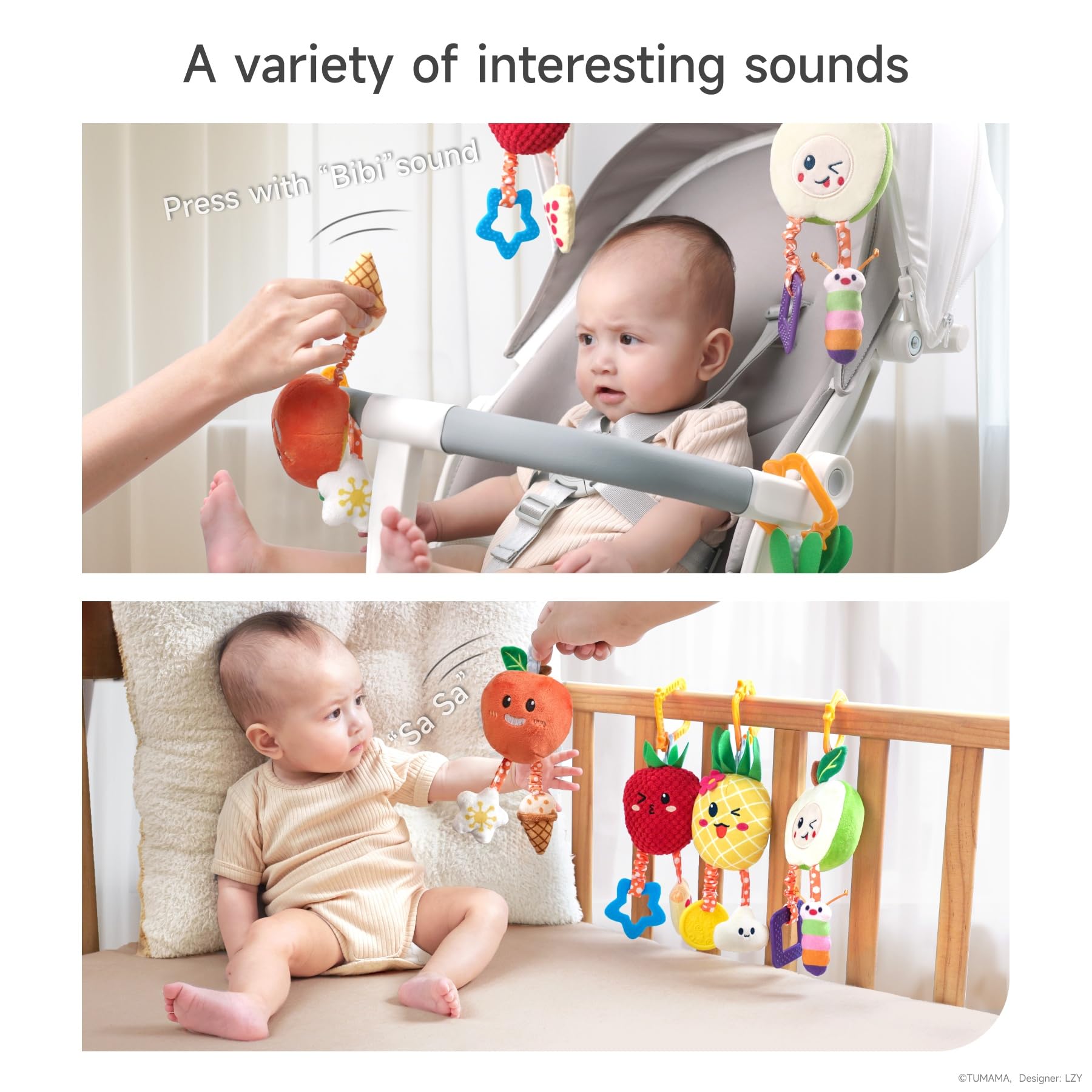 OR OR TU Giochi Neonato 0 3 6 9 Mesi Sonaglio Neonato con Campana Teether 4 pezzi Peluche Frutta Baby Giochi Sensoriali Auto Culla Passeggino Giocattolo per Regalo Neonata
