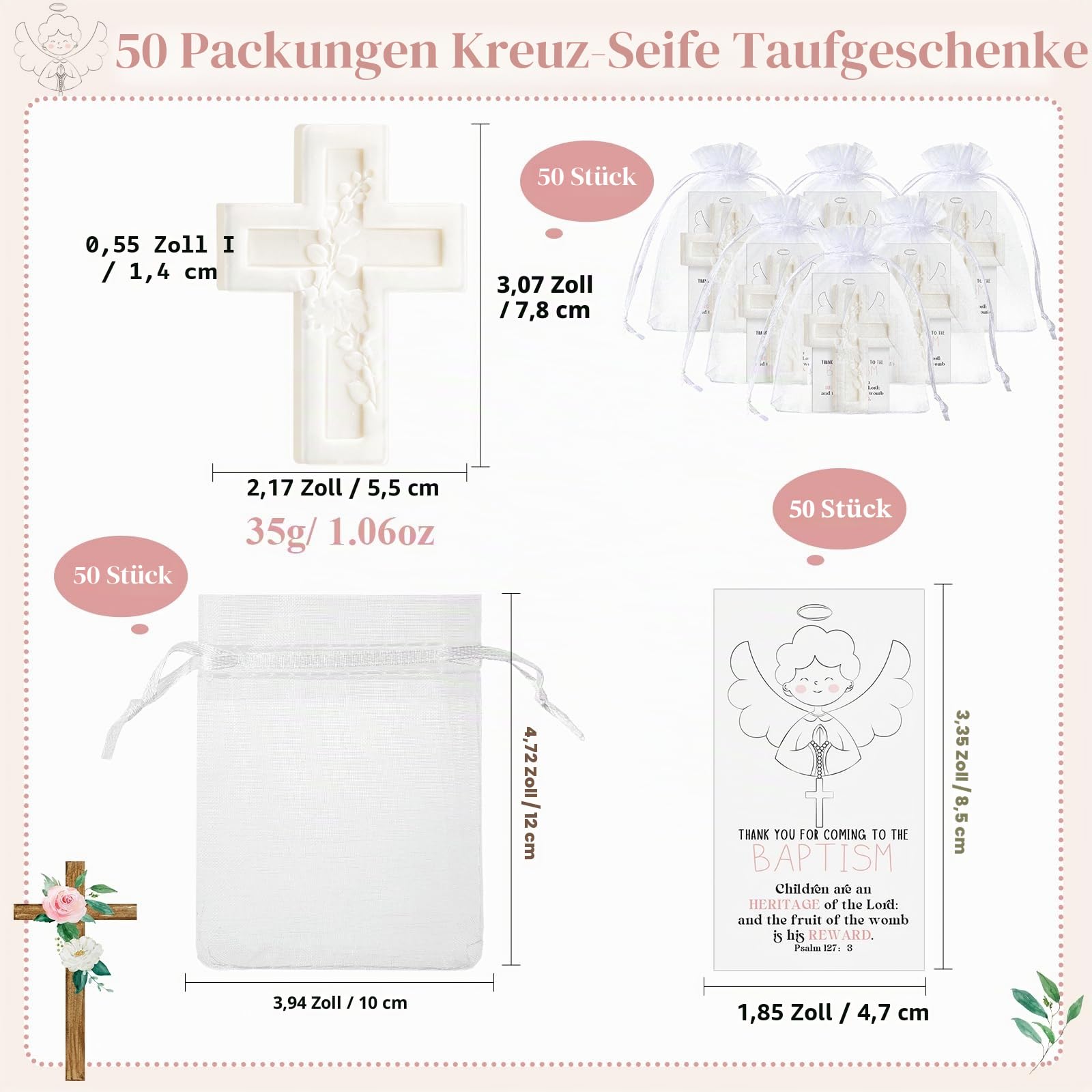 Seife, Kreuzduft, Taufgeschenke, mit Karten, Beuteln, Gastgeschenke, Weiß, 50 Stück