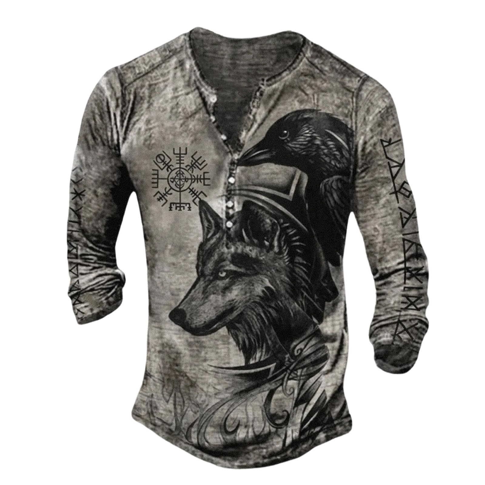 Men's Gothic Nordic Mythology T Shirts Retro Printed V Neck Lace Up Long Sleeve Pullover Vintage Distressed Henley Shirt Top Street Tshirt Sports Shirt, N Khaki, 4XL