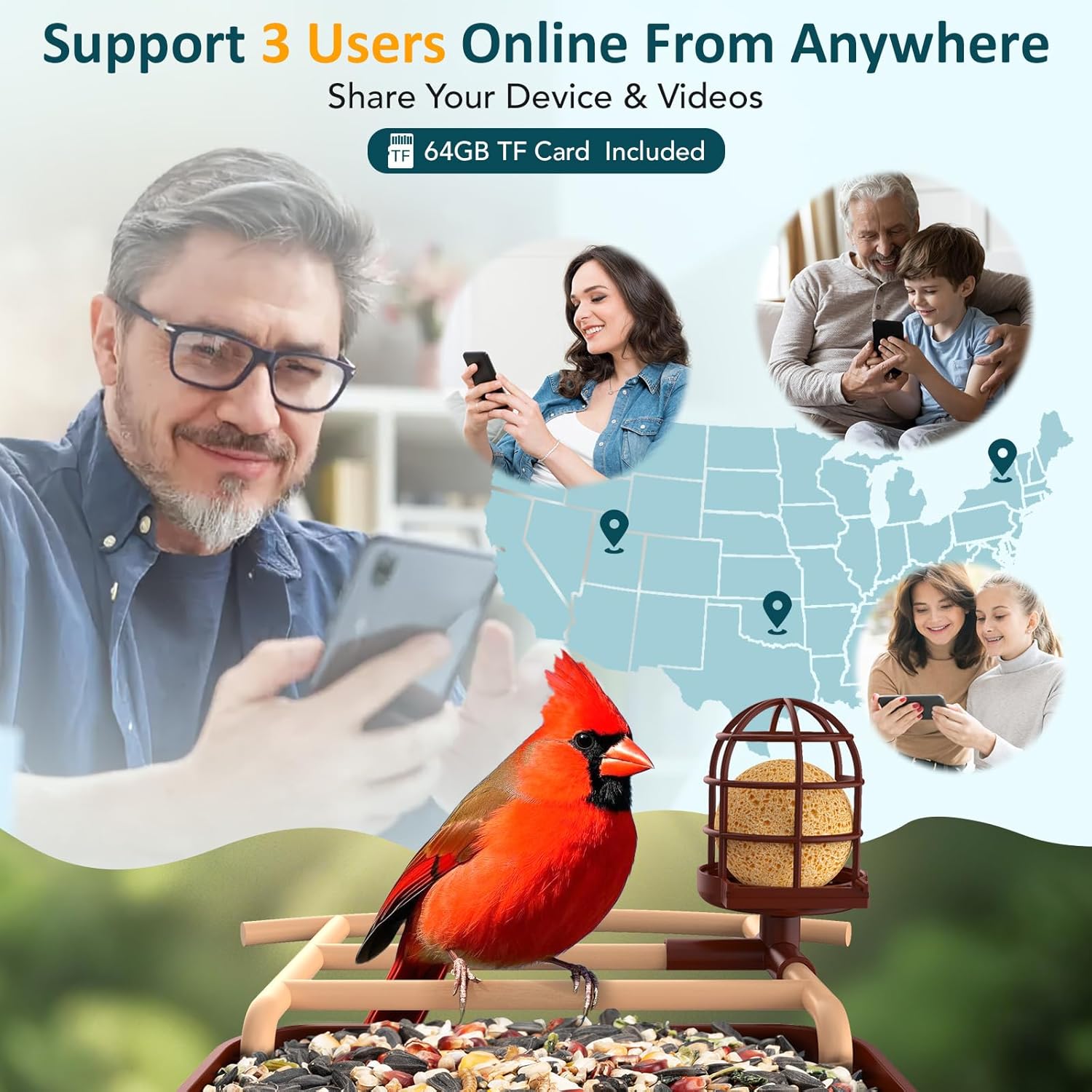 Keli vartotojai viewing the bird feeder's live feed on smartphones