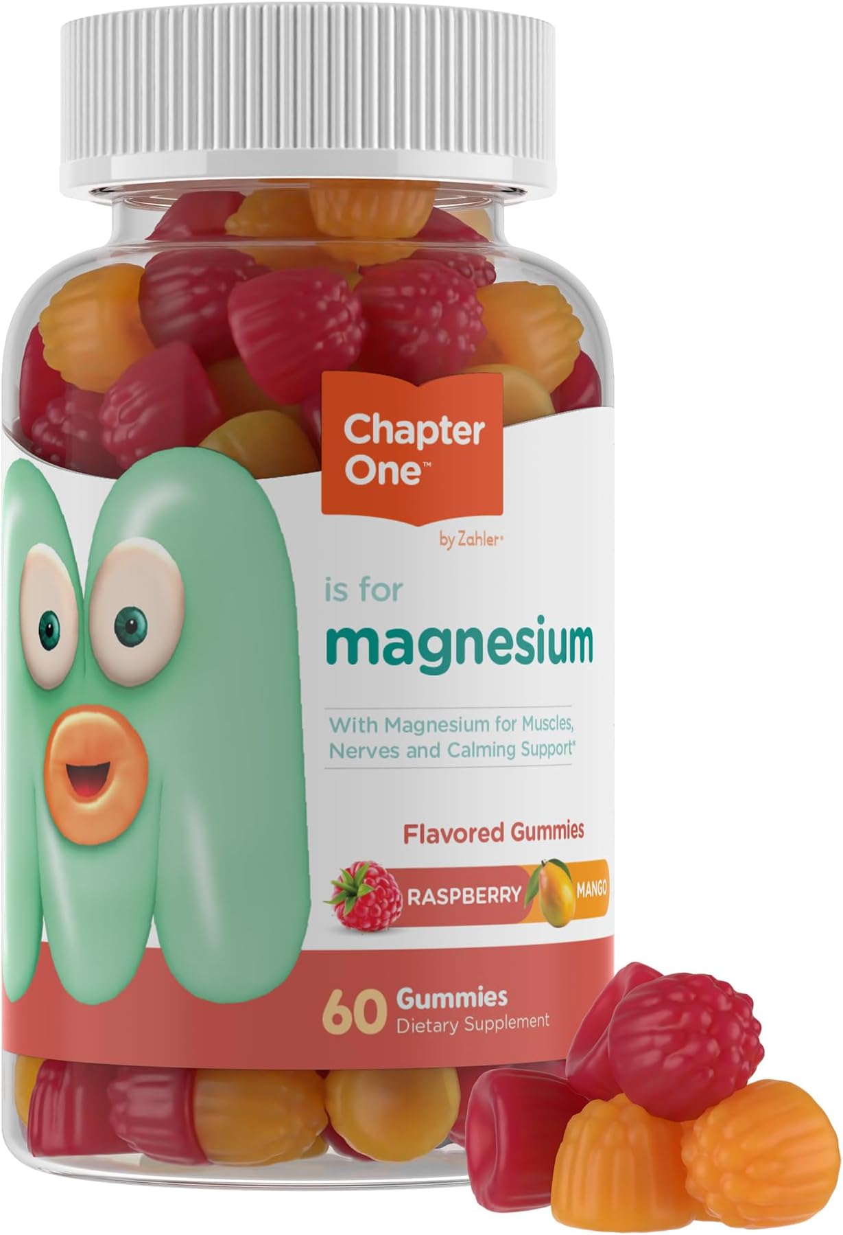 Chapter One Magnesium Gummies, Great Tasting Magnesium for Kids, Calm Kids Magnesium, Magnesium Gummies for Women and Men, Raspberry and Mango Flavored, Certified Kosher, (60 Flavored Gummies)