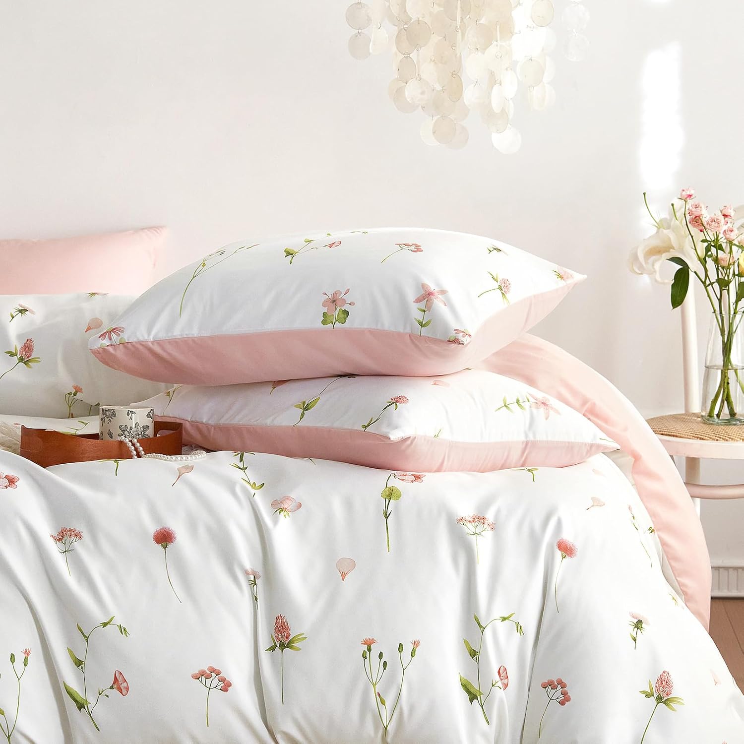 Wake In Cloud - Floral Comforter Set, Cottagecore Cute Aesthetic Watercolor Tiny Flowers and Leaves, Soft Lightweight Bedding for Women Teen Girls, 3 Pieces, Pink, Twin/Twin XL Size - Image 8