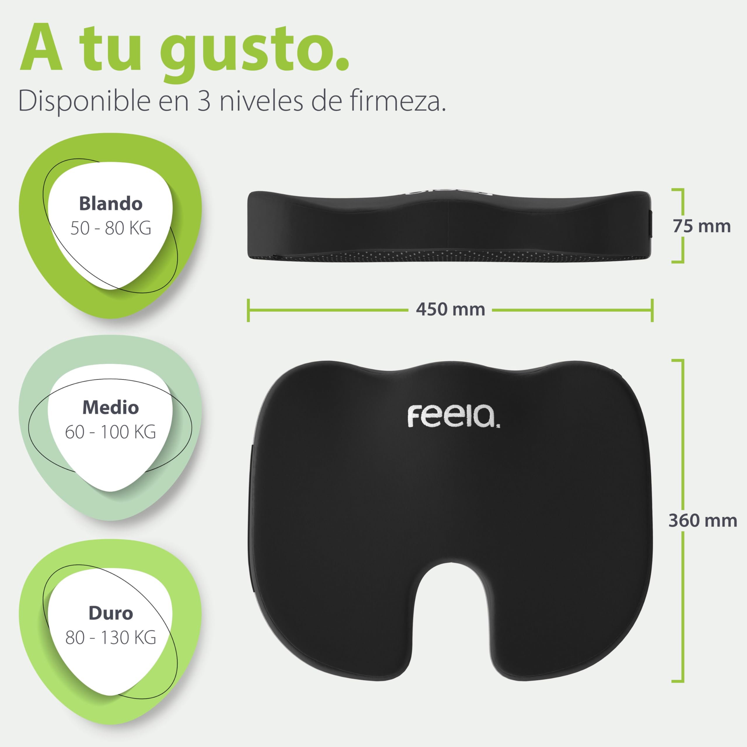feela.® Cojín ortopédico [3 grados de dureza] Ganador de la prueba, cojín ergonómico para silla de oficina y coche, alivia el dolor, alivia el coxis, promueve la comodidad del asiento y la circulación