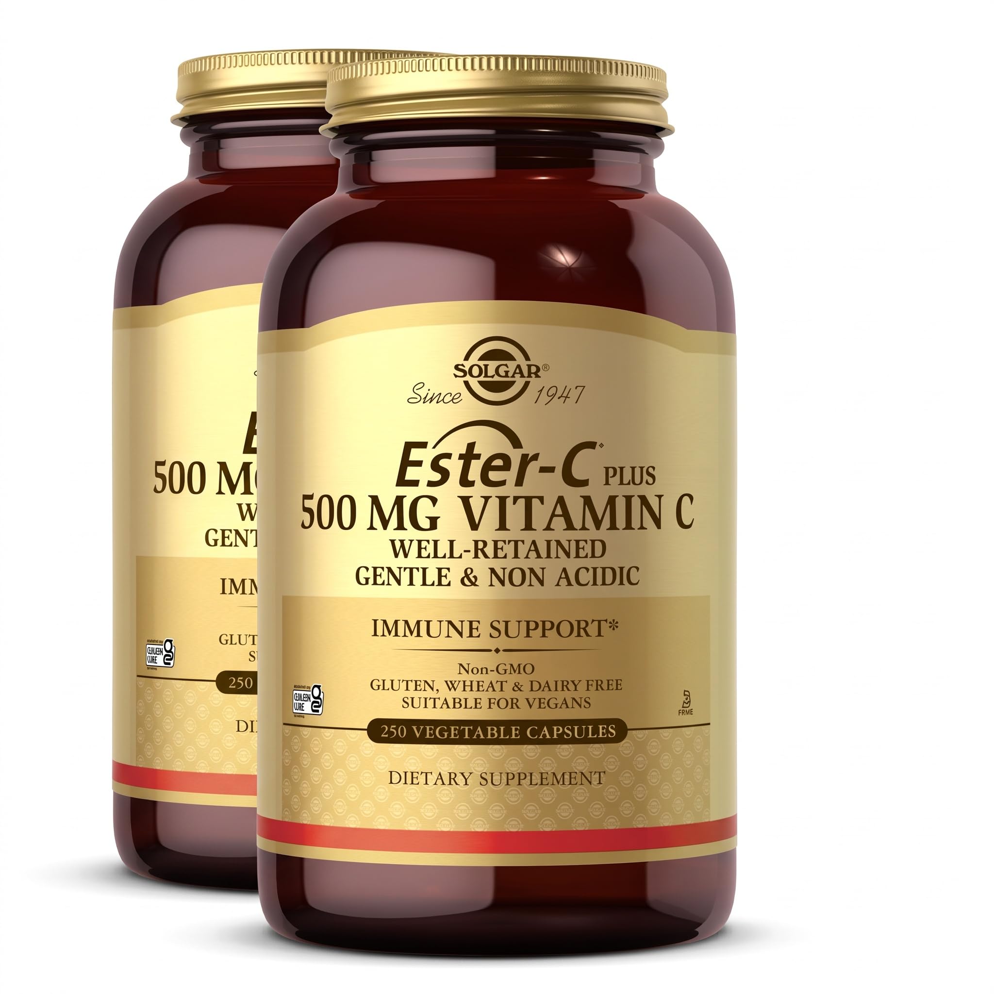 Solgar Ester-C Plus 500 mg Vitamin C (Ascorbate Complex),250 Vegetable Capsules - Gentle & Non Acidic - Antioxidant & Immune Support - Non GMO,Vegan,Gluten Free