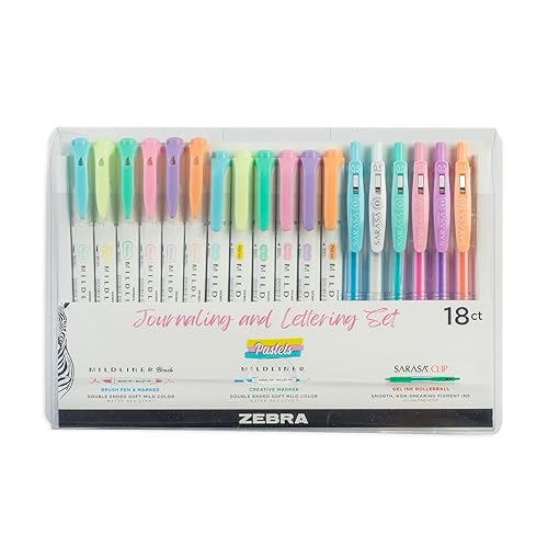 Zebra Pen Journaling and Lettering Set, 18-Pack Pastel Colors, Includes 6 Mildliner Highlighters, 6 Brush Pens, and 6 Sarasa Clip Gel Pens, Ideal for Creative Planning and Hand Lettering (76018)