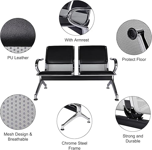 Miniatura 4 de Kinfant Juego de sillas de sala de espera, silla de oficina de piel sintética de 2 asientos, muebles de banco para recepción de invitados, sala de