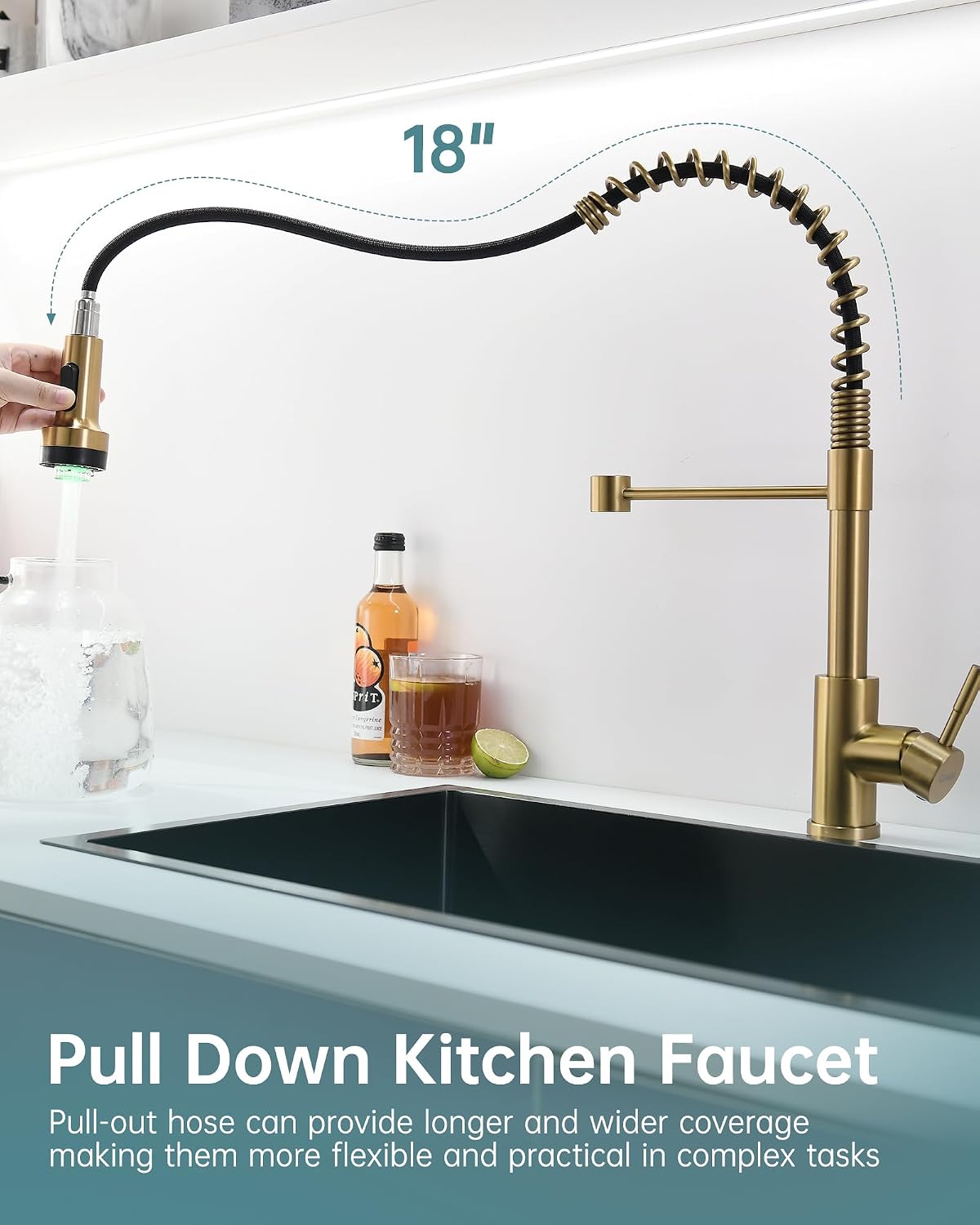GIMILI Gold LED Kitchen Faucet with Soap Dispenser and Pull Down Sprayer image 5