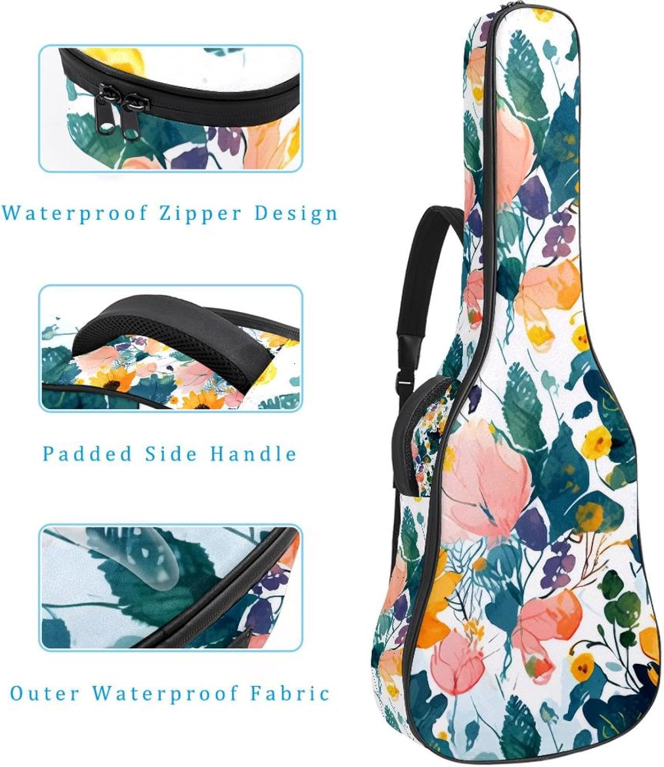 40 41 42 Inch Acoustic Guitar Bag, 0.4 In Thick Sponge Padded Guitar Case Gig Bag with Back Hanger Loop and 2 Pockets, Sunflowers Seamless Pattern