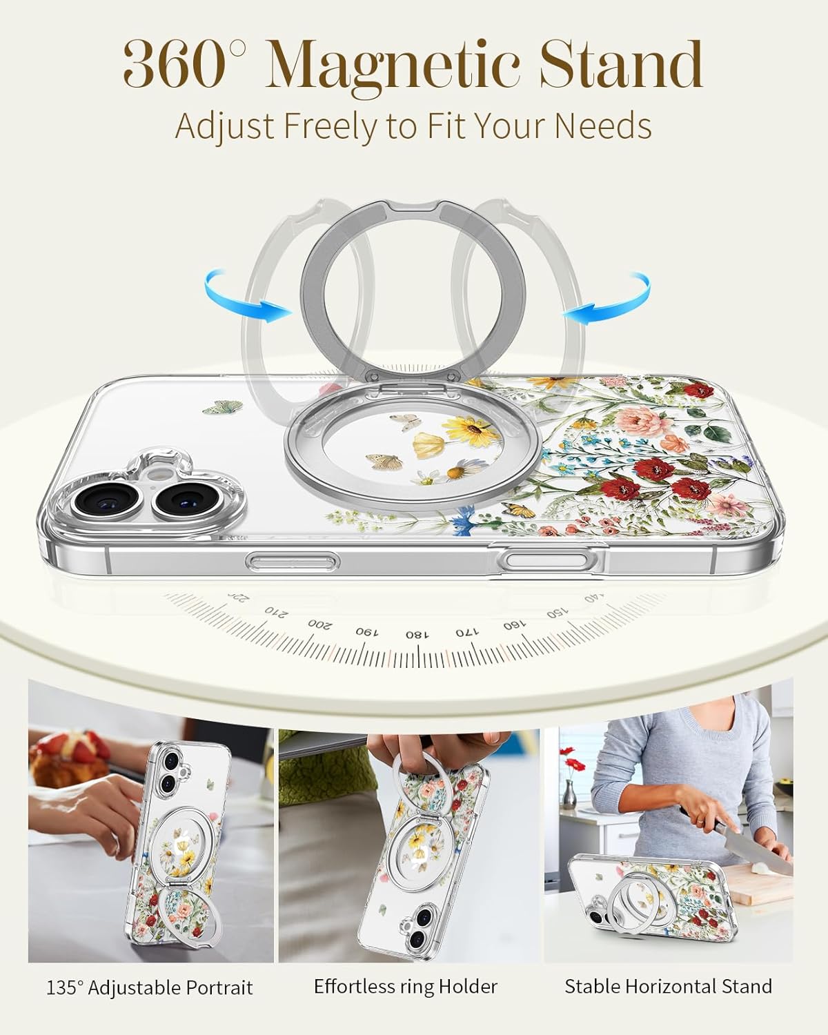 Loheckle for iPhone 16 Plus Case with Stand- Compatible with MagSafe Women Girls Cute Clear Girly Aesthetic Unique Design Soft TPU Magnetic Ring Phone Cover for Apple 16 Plus, Retro Floral - Image 4