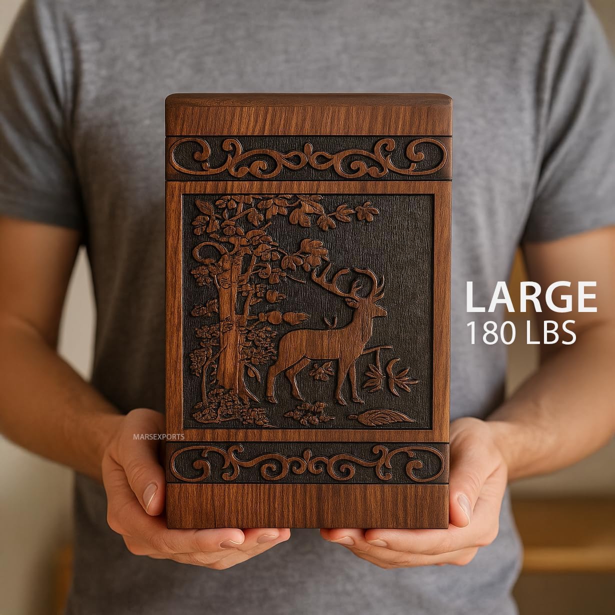 Wooden Cremation Urns Box for Human Ashes, Memorial Keepsake Boxes for Adults, Male/Female,Child, Pets Dog Cat Wood Burial Funeral Container (Deer) Urn, Capacity (Large (180 lbs- 82 kg))