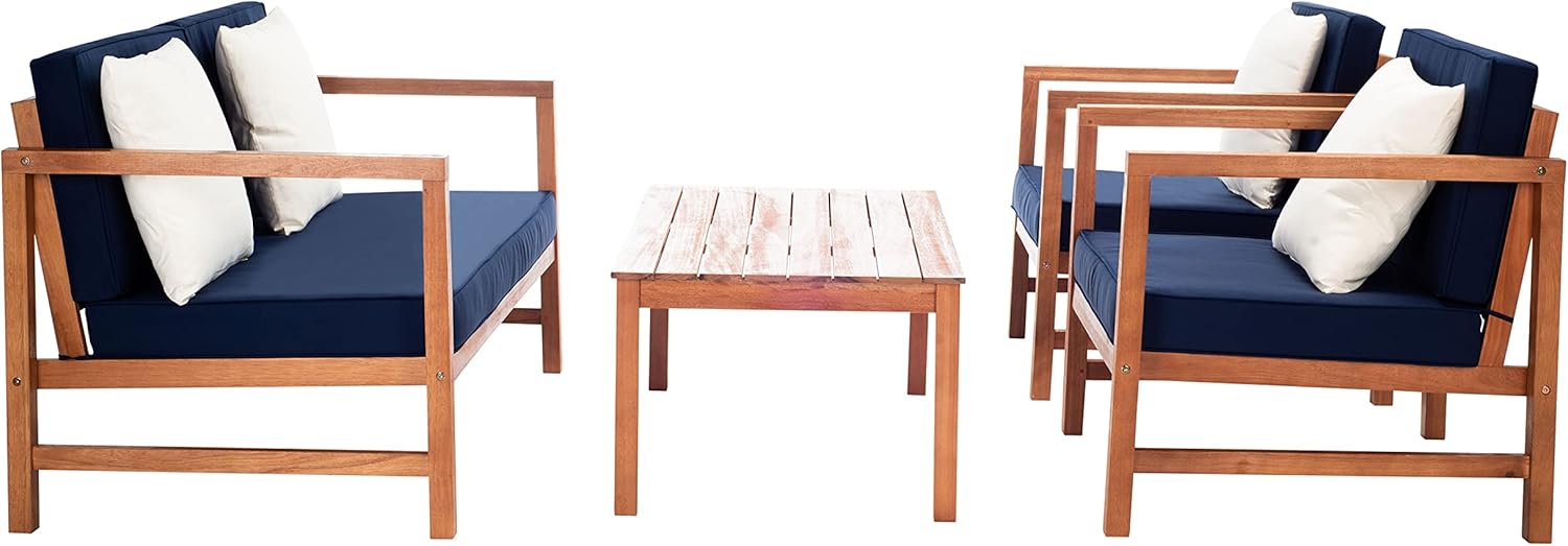 SAFAVIEH Outdoor Collection Montez Natural/ Navy Cushions/ White Pillows 4-Piece Conversation Patio Set