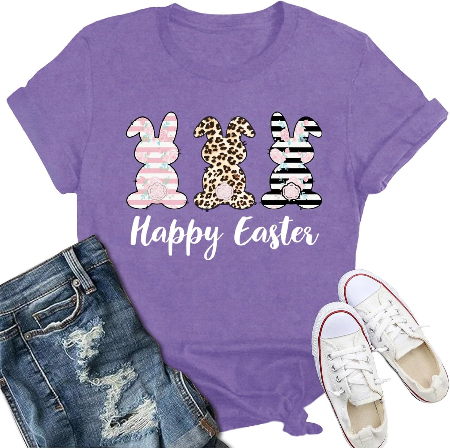 Easter Bunny Shirts for Women Happy Easter T-Shirt Cute Leopard Rabbit Face Tshirt
