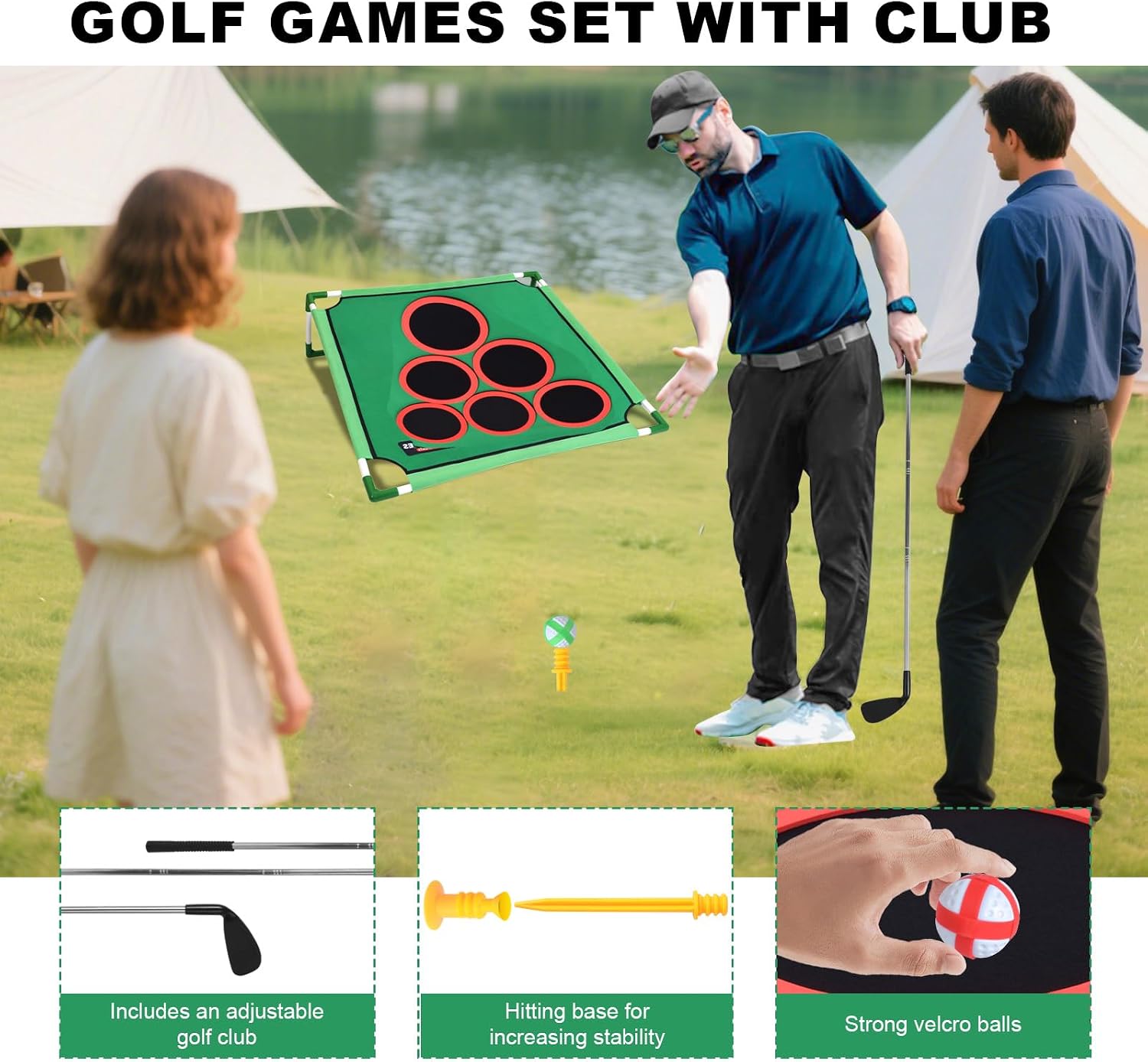 Golf Chipping Game Set with 2 Targets, 30 Sticky Balls, 2 Golf Clubs, 2 Hitting Mats and Portable Carry Bag, Backyard Lawn Outdoor Indoor Golf Toss Practice Game for Adults and Family Gatherings